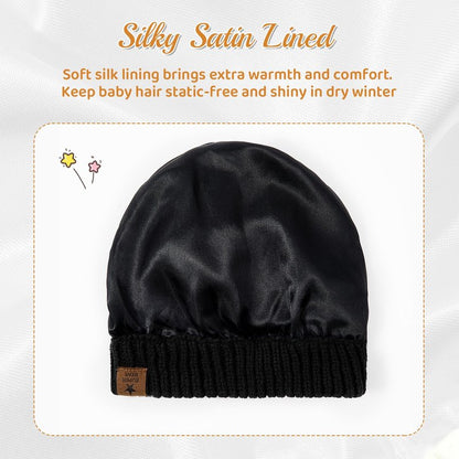 Century Star 3 Pack Baby Winter Hat Satin Lined Baby Beanie for Boys Girls Warm Knit Infant Toddler Hats Cap Black&White&Pink 6-36 Months