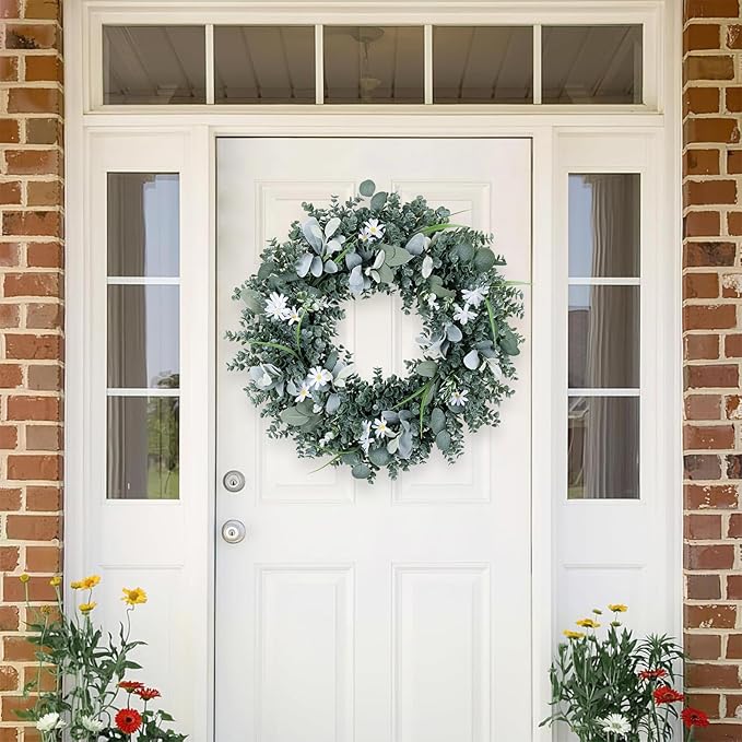 Door Wreath Green Eucalyptus for Front Door Wreaths Spring Summer Wreath 26 Inch Artificial Leaves Wreaths for All Season Home Farmhouse Porch Year Round Outdoor Wall Decorating,24 Inch