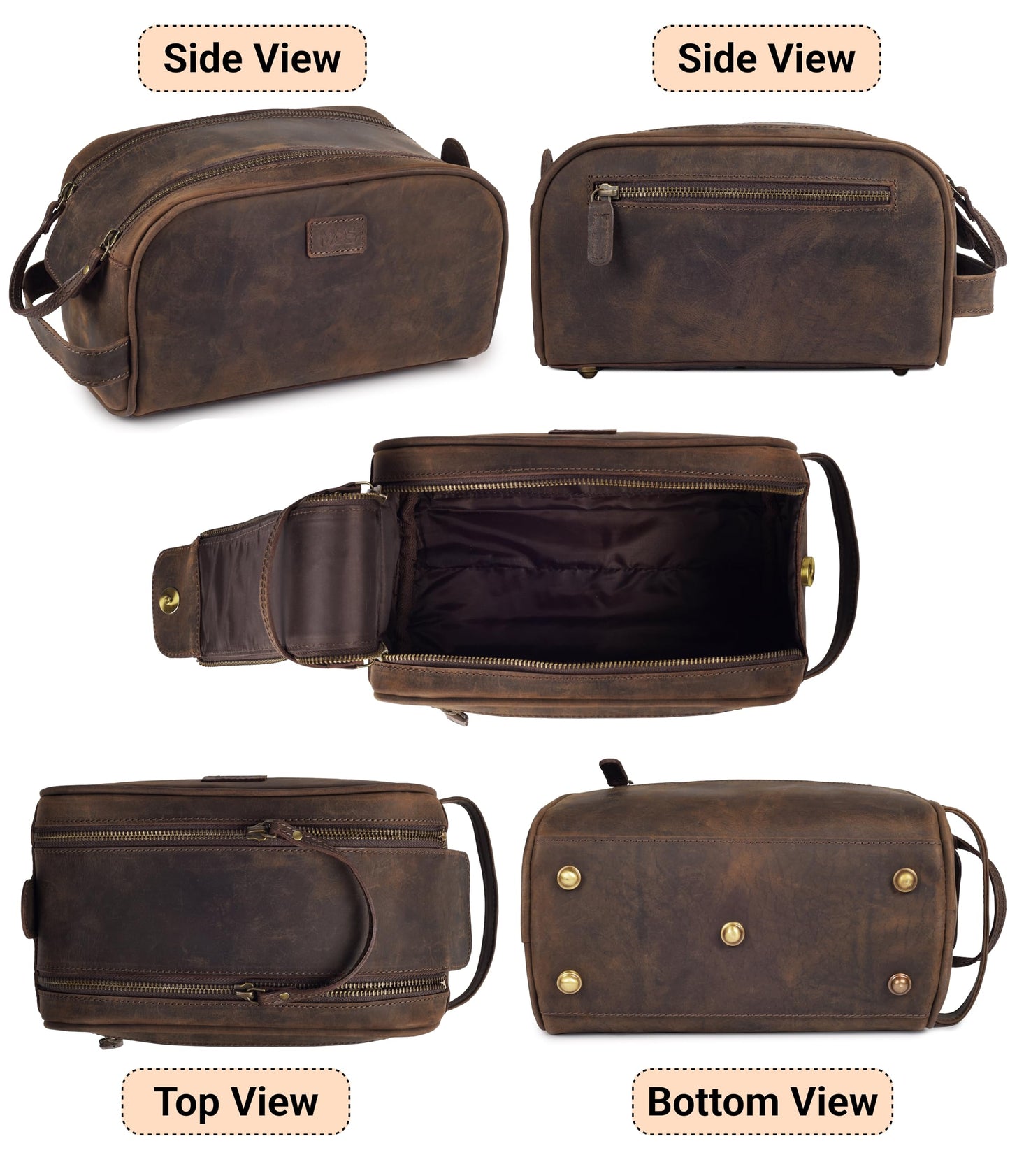 mds Genuine Leather Toiletry Bag for Men - Rustic Classic Vintage Handcrafted Full-Grain Leather Travel Dopp Kit with Waterproof Lining & Handle, Shaving & Grooming Kit Organizer Pouch - Rustic Brown
