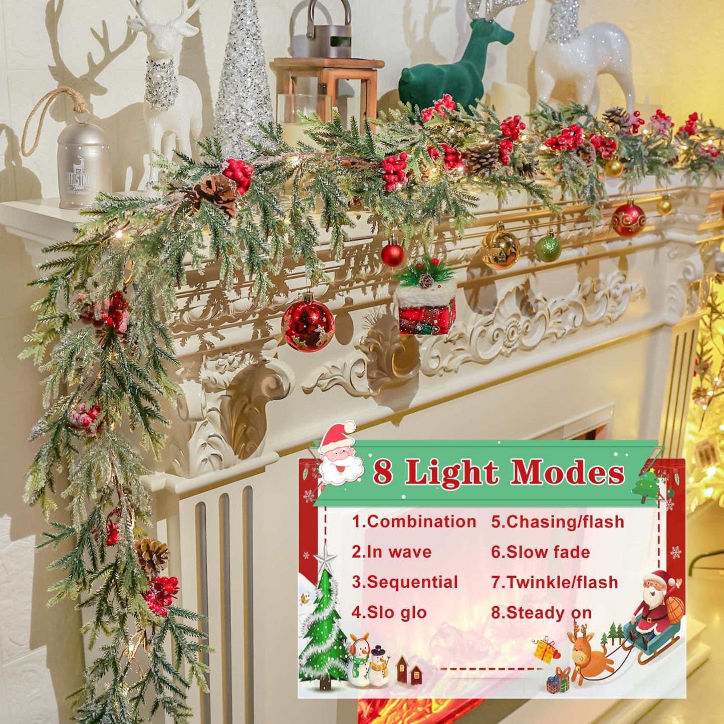 6FT Christmas Garland with Lights, Christmas Decor Pre-lit Artificial Pine Garland with Battery Operated Timer, Decorations Indoor Outdoor Home Holiday Flocked Garland for Mantel Window Stairs Wall