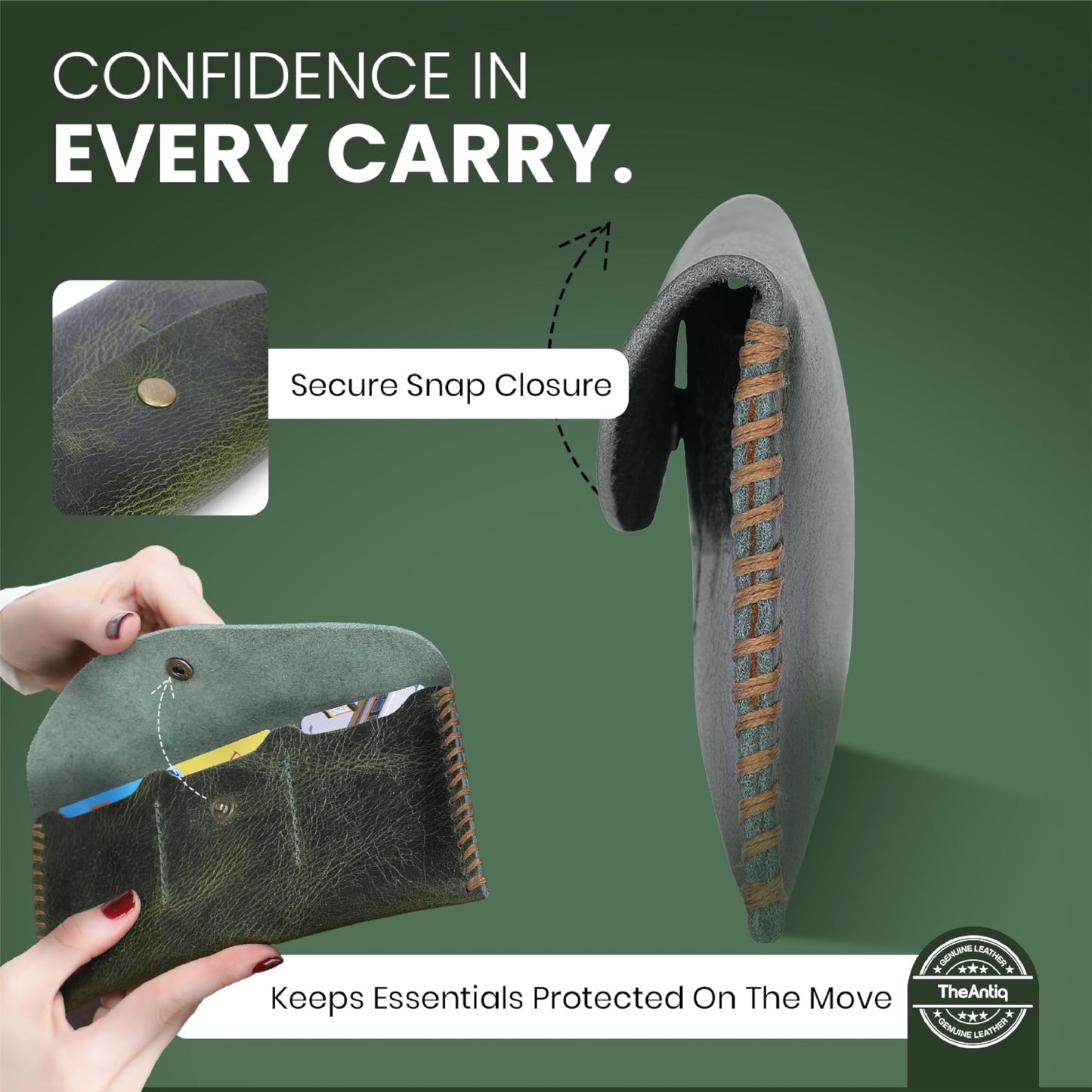 TheAntiq Green Leather Currency Pouch Money Bag with 3 Credit Card Wallet | Genuine Leather Currency Organiser For Men & Women | Handmade Dollar Bills Organiser Money Pouch Cash Bag
