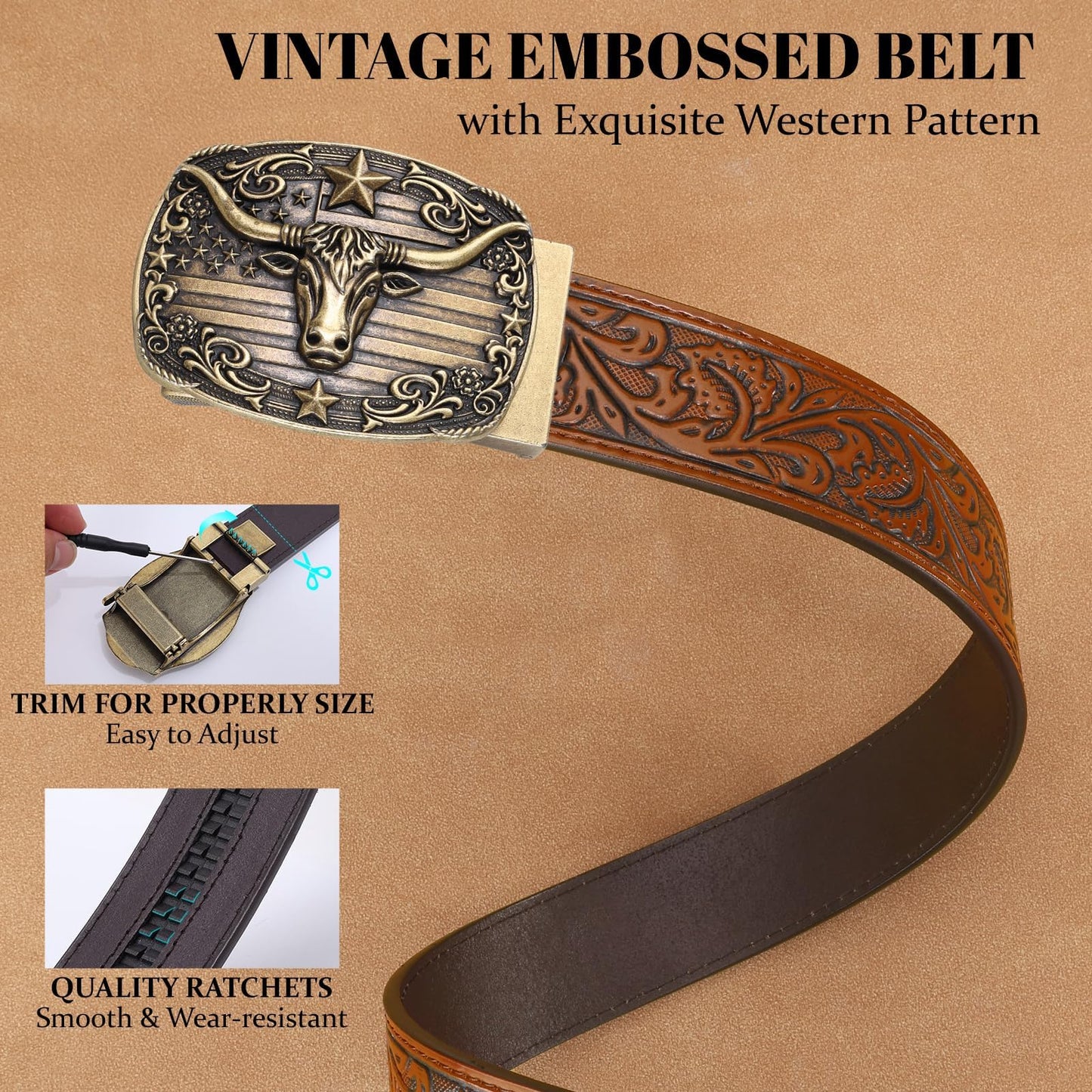 SANSTHS Western Cowboy Ratchet Belts for Men Women Leather Cowboy Belt with Automatic Western Buckle for Jeans Gifts, Golden Bull/Brown