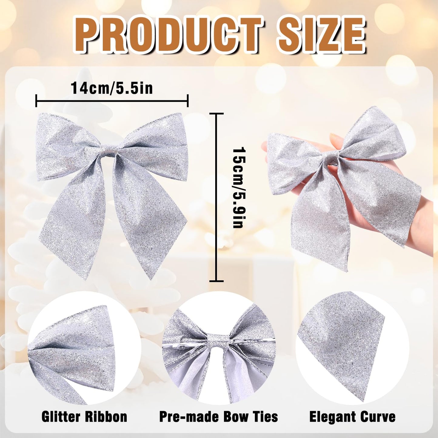 JOICEE 12 Pcs Glitter Ribbon Christmas Bows with Twist Ties,5.5 Inch Premade Metallic Xmas Bows for Christmas Trees Garland Wreath Gift Wrapping Decorations(Silver)