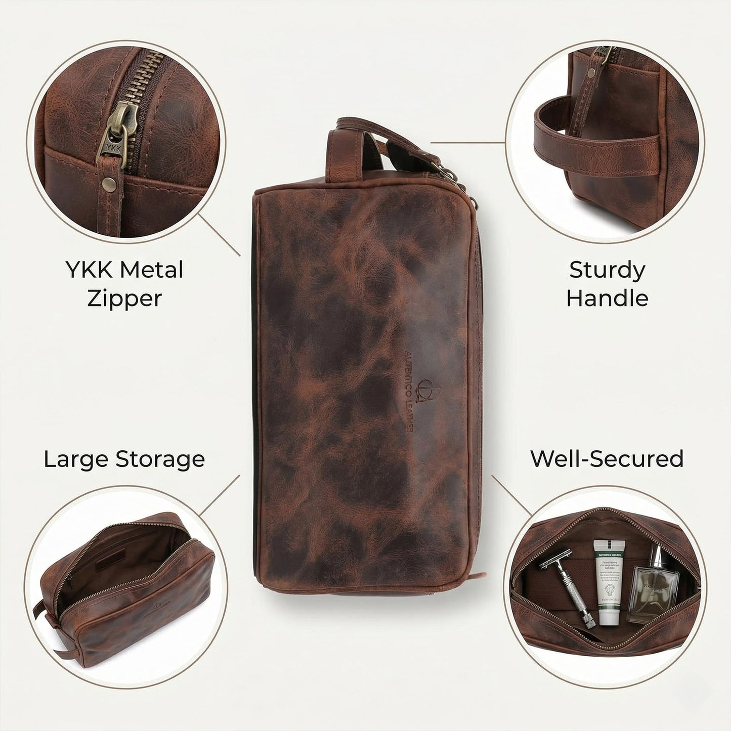 Autentico Leather Toiletry Bag for Men – Genuine Leather Dopp Kit, Travel Organizer for Grooming Essentials, Large Shaving Kit Pouch, Durable Dark Brown Gift for Men