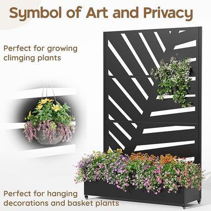Metal Raised Garden Bed with Trellis & Wheels,72" x 47"x 15.7" Planter Box with Trellis,Privacy Planters for Patio,Garden Bed for Climbing Plants,Suitable for Climbing Plants and Vegetables,Black