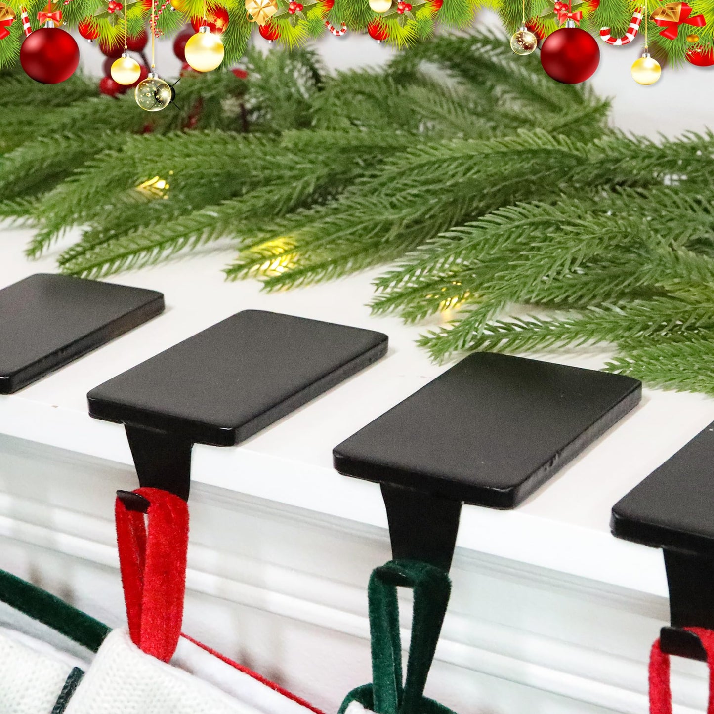 HMASYO Christmas Stocking Holders for Mantle Set of 2, Black Heavy Duty Iron Stocking Hangers Base, Low Profile Weighted Stocking Holder Hooks for Fireplace Tabletop Shelf Christmas Decoration