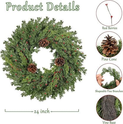 2PC Real Touch Pine Christmas Wreath 24 Inch Christmas Wreaths for Front Door Winter Wreath Artificial Green Wreaths Outdoor Christmas Decorations Indoor Outside Window Home Holiday Thanksgiving
