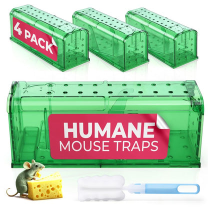 Humane Mouse Trap Pack of 4 - No Kill - Live Mouse Traps Indoor for Home Use - Reusable Rodent Traps for House Indoor, Safe & Effective Rat Trap Outdoor - Humane Mice Control with Cleaning Brush