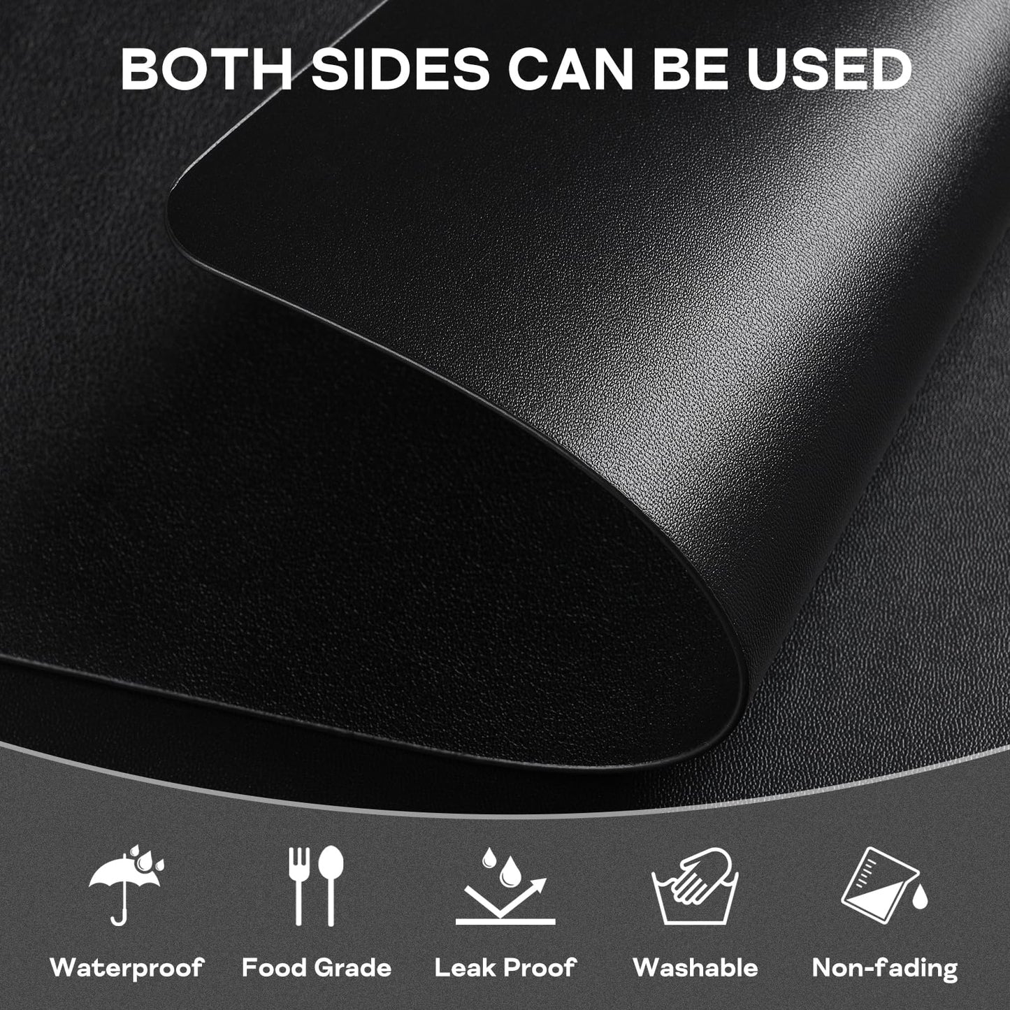 APLKER Vinyl Placemats Set of 6, Waterproof Faux Leather Heat Resistant Kitchen Place Mats, Wipeable Dining Table Place Mats and Coasters for Kitchen, Dining, Decor, Outdoor (Black)