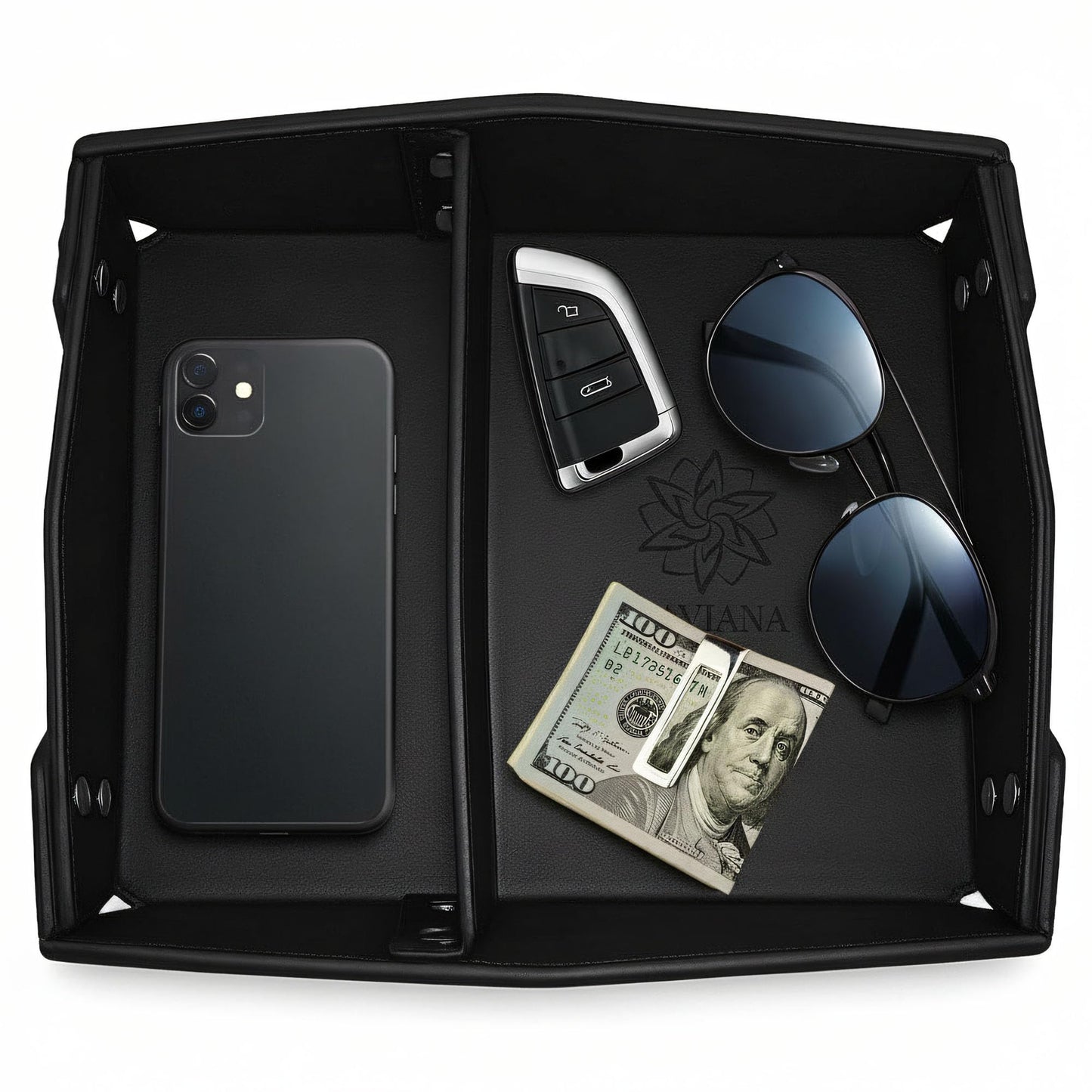 CAVIANA Valet Tray Organizer for Men & Women - PU Leather Catch All Tray with Removable Divider - EDC Storage for Keys, Watch, Phone - Nightstand, Dresser & Desk Organizer - Obsidian Black