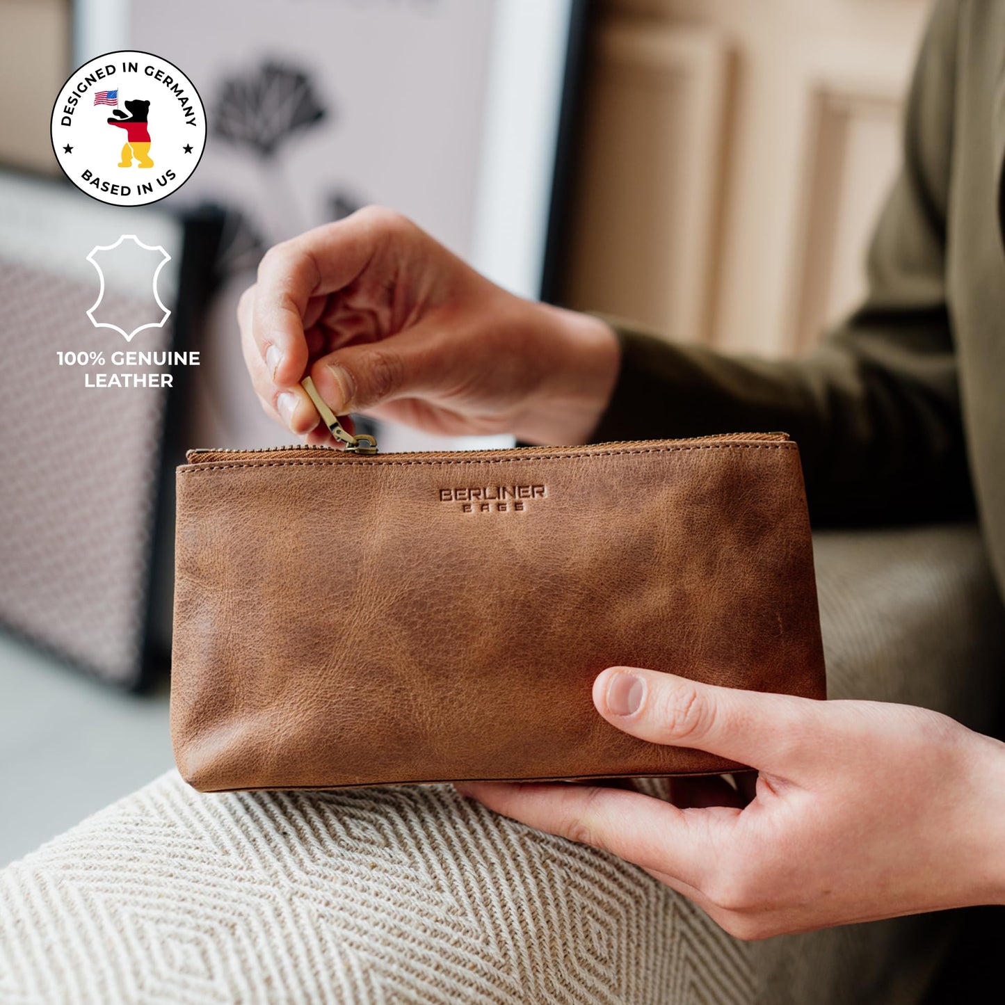 BERLINER BAGS Vintage Genuine Leather Makeup Bag Anna, Cosmetic Bag for Purse, Travel and Cosmetics Pouch with Zipper for Women- Brown