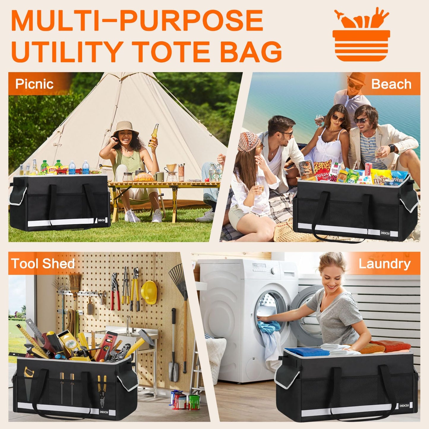 DSDCDJ Upgrade Extra Large Utility Tote Bag with Reflective Strip, Standing Reusable Grocery Bags with Hard Bottom & 4 Sided Reinforced, Collapsible Utility Tote with Handles for Shopping, Beach, Car