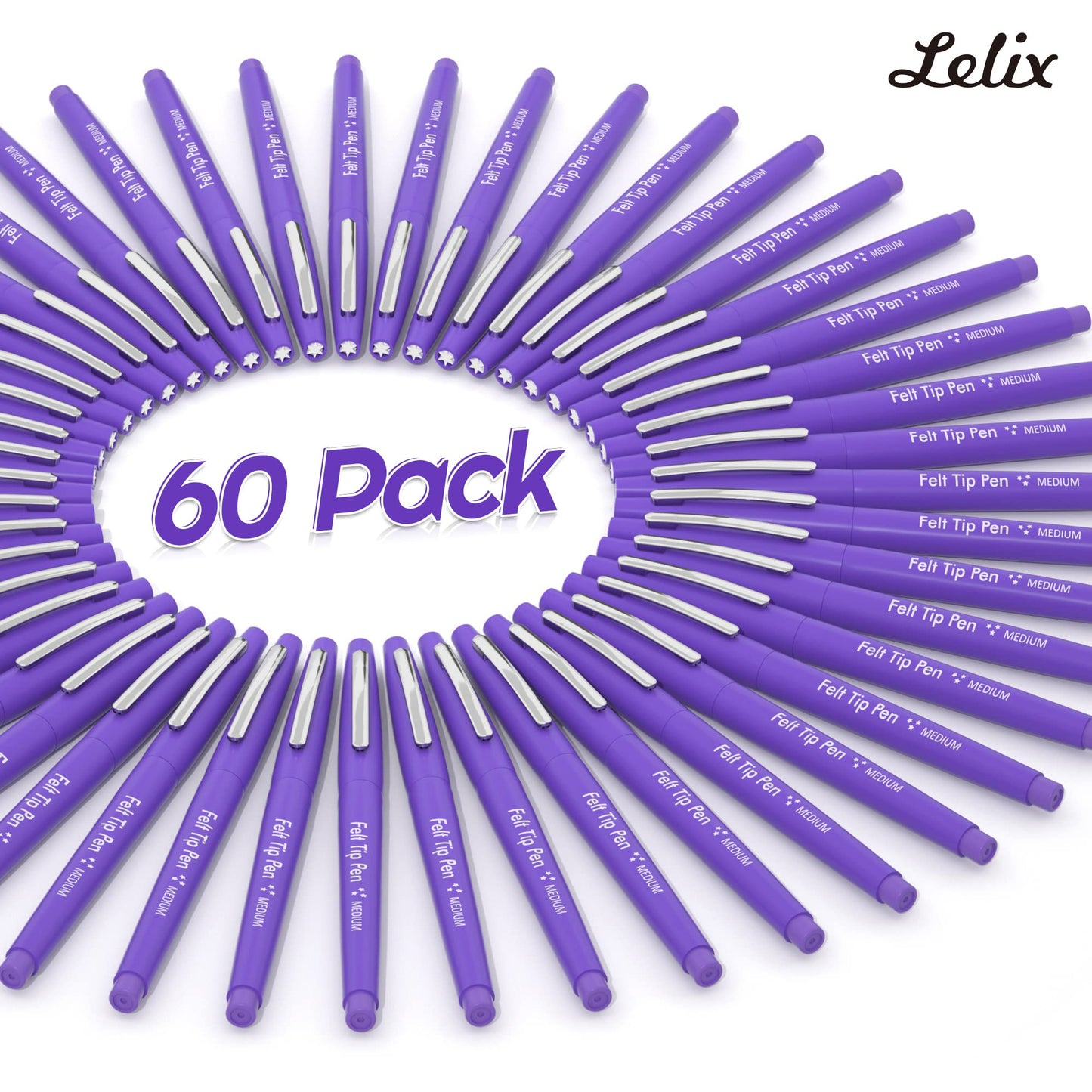 Lelix Felt Tip Pens, 60 Purple Pens, 0.7mm Medium Point, Felt Tip Markers Pens for Journaling, Writing, Note Taking, Planner, Perfect for Art Office and School Supplies
