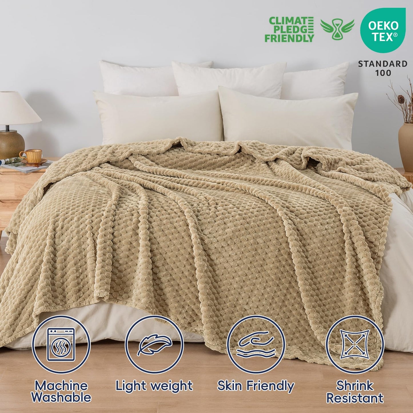 PHF Ultra Soft Flannel Fleece Blanket Queen Size, Lightweight 3D Jacquard Fleece Blanket, No Shedding, No Pilling, Luxury 340GSM Aesthetic Fluffy Cozy for Bed Room Decor, 90"x90", Khaki
