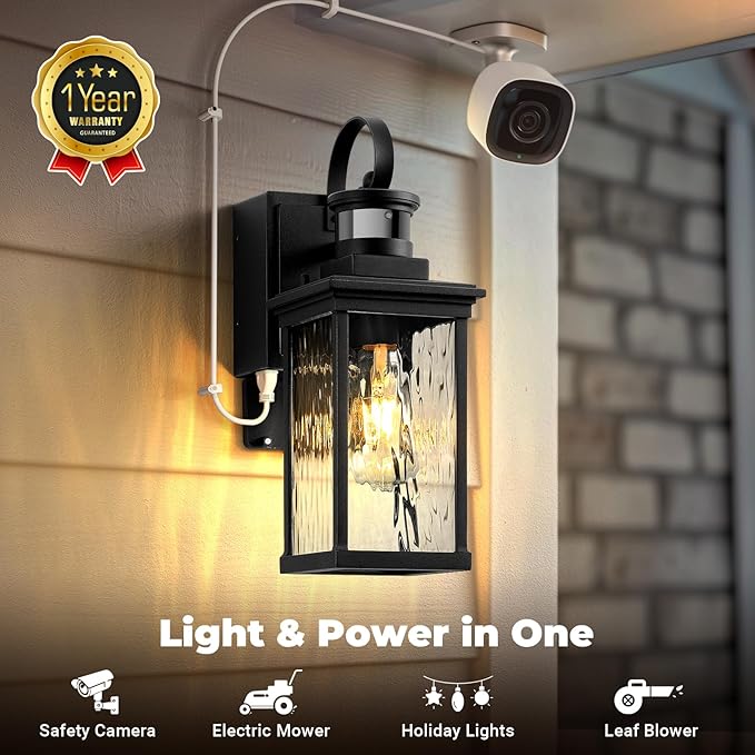 Outdoor Porch Light with GFCI Outlet, Black Motion Sensor Exterior Lighting Fixtures Wall Mount for House with Water Ripple Glass, Anti-Rust Waterproof Outdoor Wall Sconce Lantern for Garage