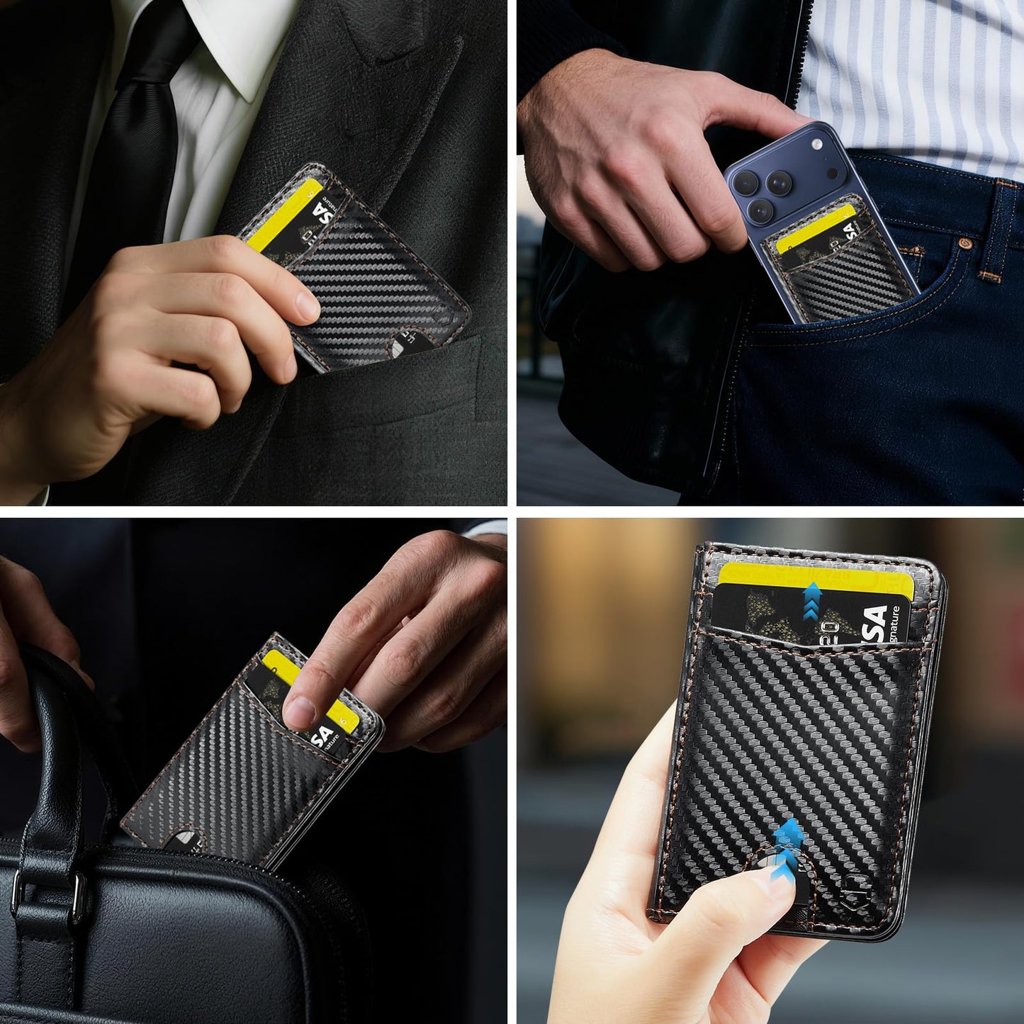 Strapurs Strong Magnetic Wallet Card Holder Compatible with MagSafe Phones and Cases, Slim PU Leather Phone Wallet with 6 Card Slots RFID Blocking for iPhone 16/15/14/13/12 Series – Carbon Black