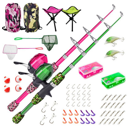 Lanaak 2 Pack Kids Telescopic Fishing Pole, Portable Fishing Rod Set, Tackle Box and Fishing Net Combo Kit, Kids Fishing Gear for Boys and Girls Age 5-10 and Youth – Green and Pink