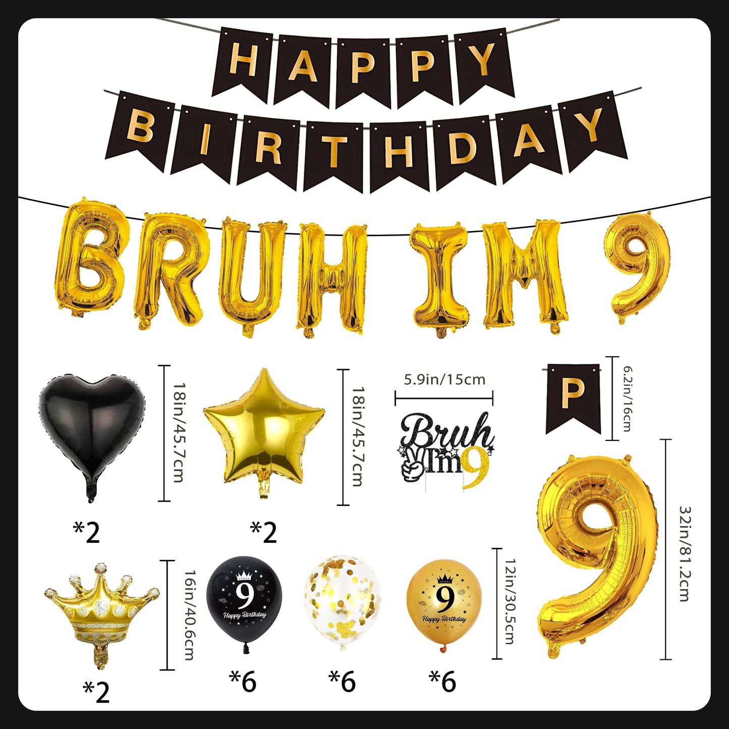 9th Birthday Decorations Balloons Boys - 33 Pcs Black Gold Happy Bday Banner Bruh Im 9 Letter Number Star Crown Foil Balloon Cake Topper Centerpieces Party Supplies for Nine Year Old Backdrop Decor