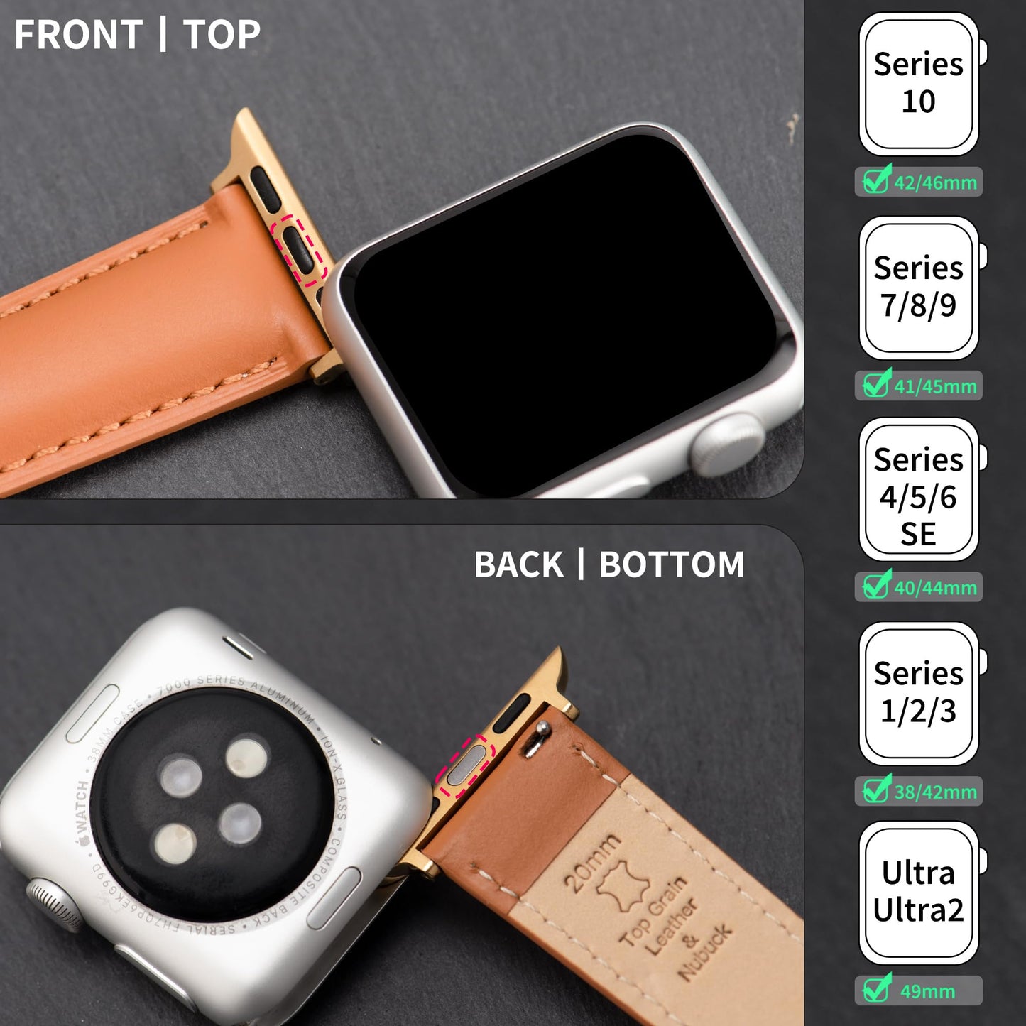 CORROPELLE Leather Watch Bands Compatible with Apple Watch 49mm 46mm 45mm 44mm 42mm, Top Grain Genuine Leather Straps Replacement Band for iWatch Series 11 10 9 8 7 6 5 4 3 2 1 SE3/2/1 Ultra3/2/1