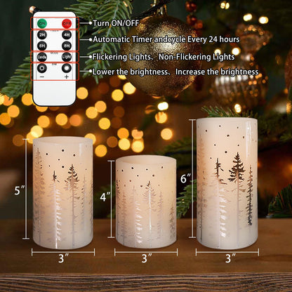 Crystal Club Christmas Flameless Candles, Holiday LED Candles Battery Operated with Remote and Timer, Realistic Flickering Candles with Silver Xmas Tree Decal for Festival & Home Party Decor