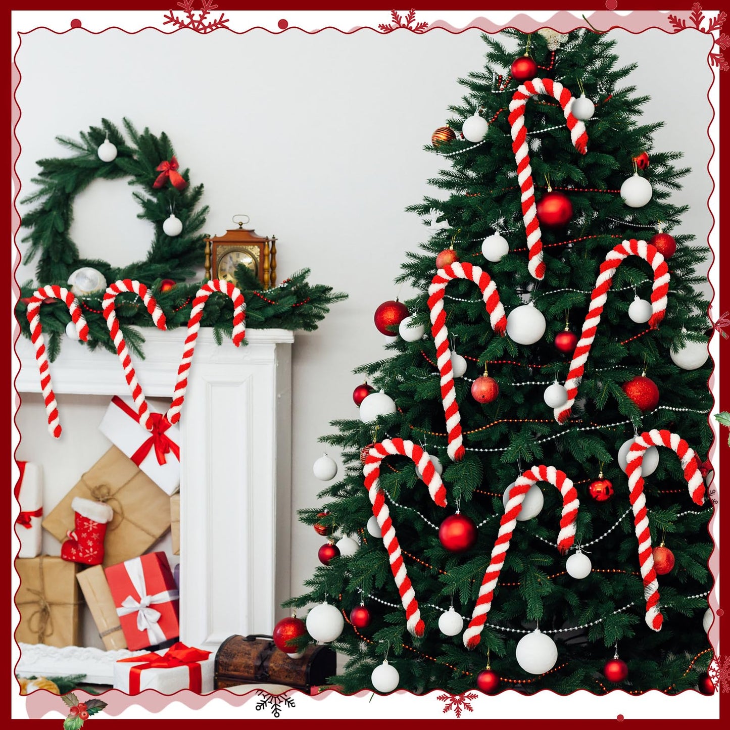 Leinuosen 8 Pcs 16'' Christmas Giant Candy Cane Ornaments Large Red and White Woolen Candy Cane Tree Decor Peppermint Stick Christmas Hanging Decorations for Xmas Holiday Party Supplies DIY Crafts
