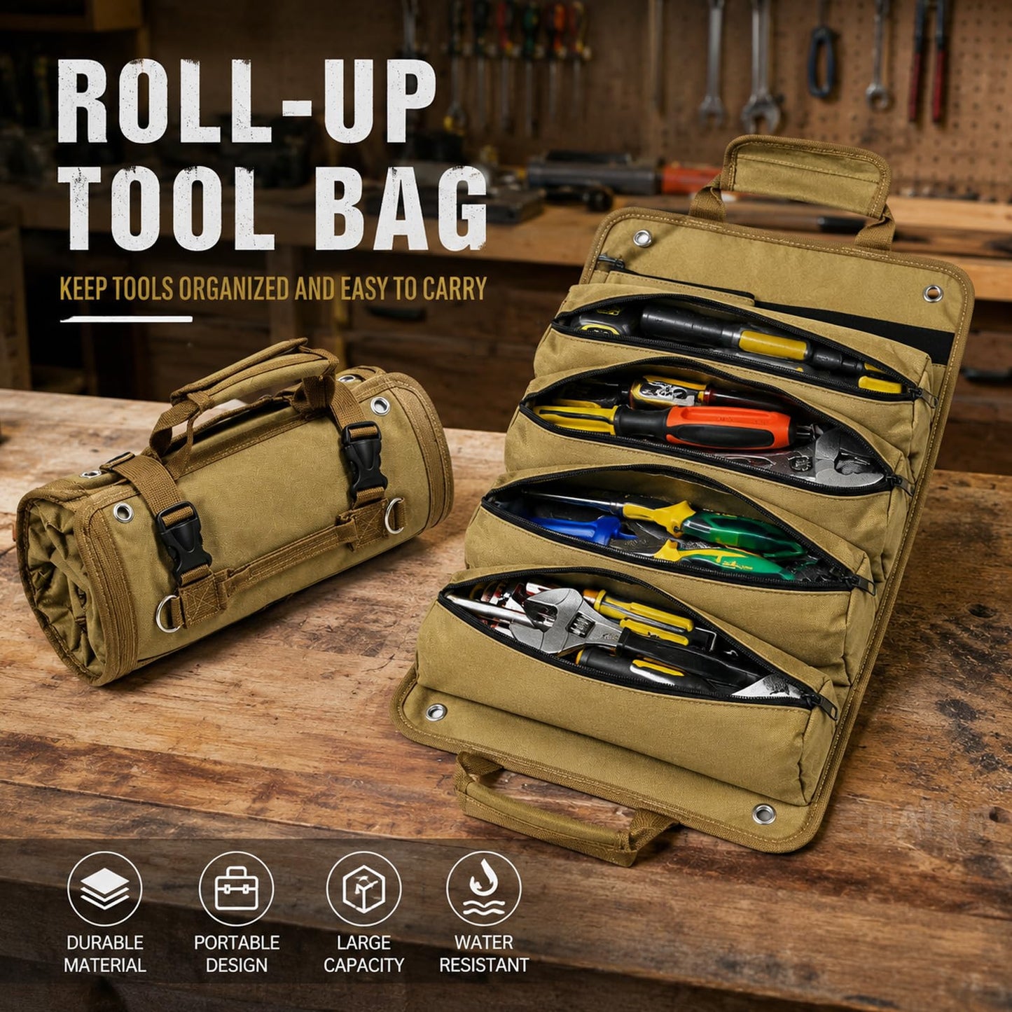 Tool Bag, Tool Roll Up Bag, Heavy Duty Tool Organizer for Men, Portable Roll Up Tool Bag Tool Roll Organizer For Mechanic, Electrician & Hobbyist, Car Camping Gear-Kaqi Pro