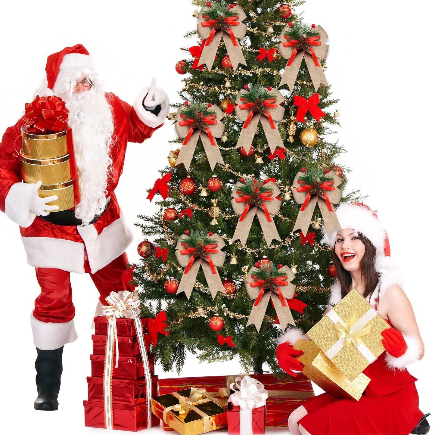 Syhood 6 Pcs Christmas Bows with Pine Cones Pine Needles Xmas Flaxen Bows Ribbon Christmas Tree Wreath Decoration for Xmas Parties Indoor Outdoor Crafts DIY Decor