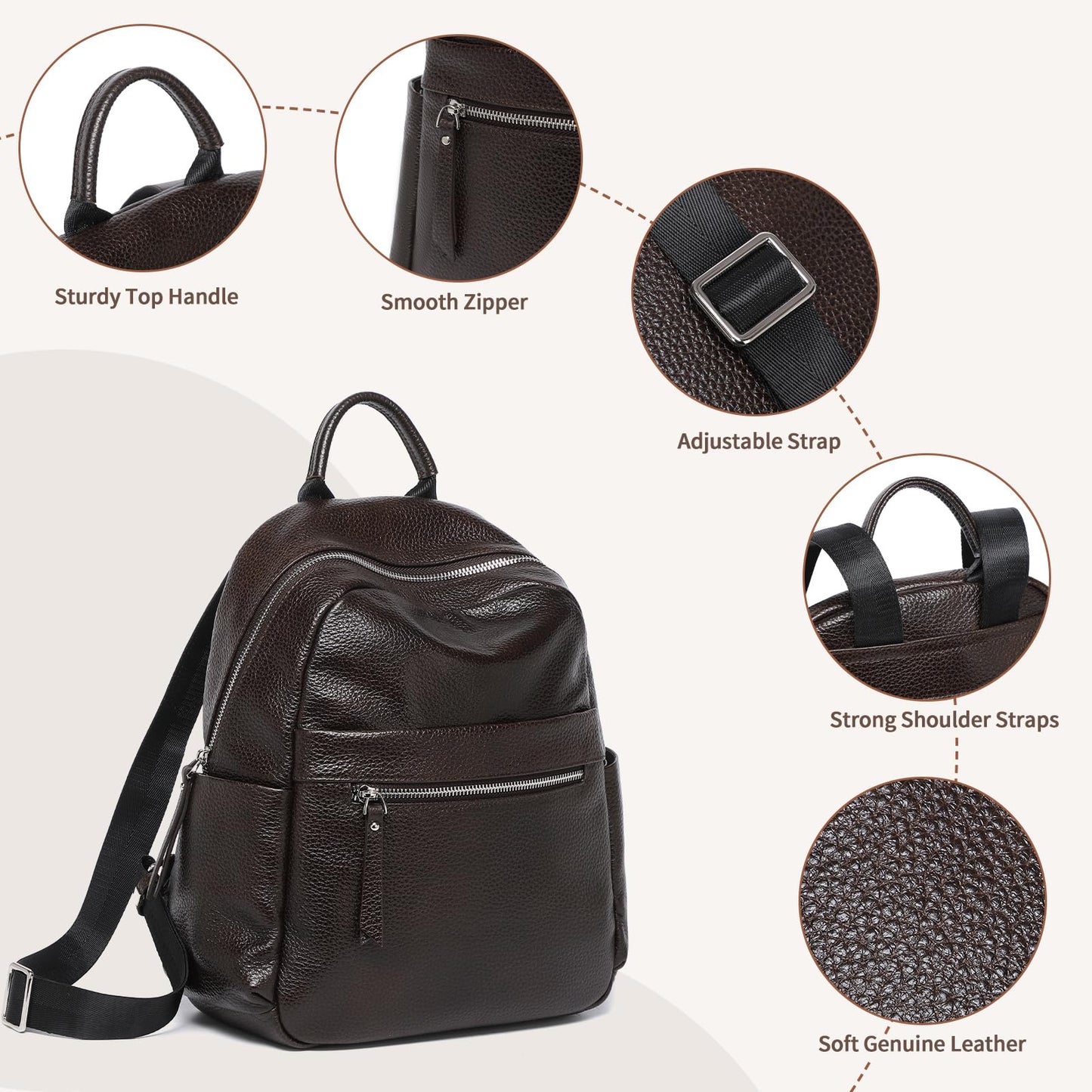UEIRY Genuine Leather Backpack for Women Fashion Designer Shoulder Bags Soft Leather Backpack, Stylish Daypack for Work Travel School, Coffee