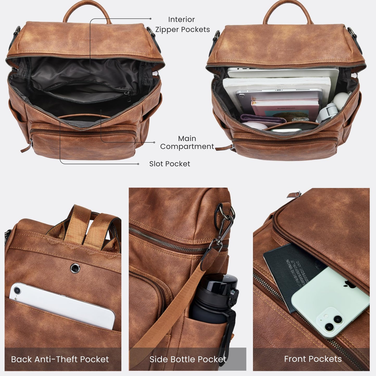 Botimmy Anti-Theft Backpack Purse for Women, Convertible 3-in-1 Vegan Leather Backpack with Hidden Zipper, Adjustable Shoulder & Crossbody Bag for Travel and Daily Commute