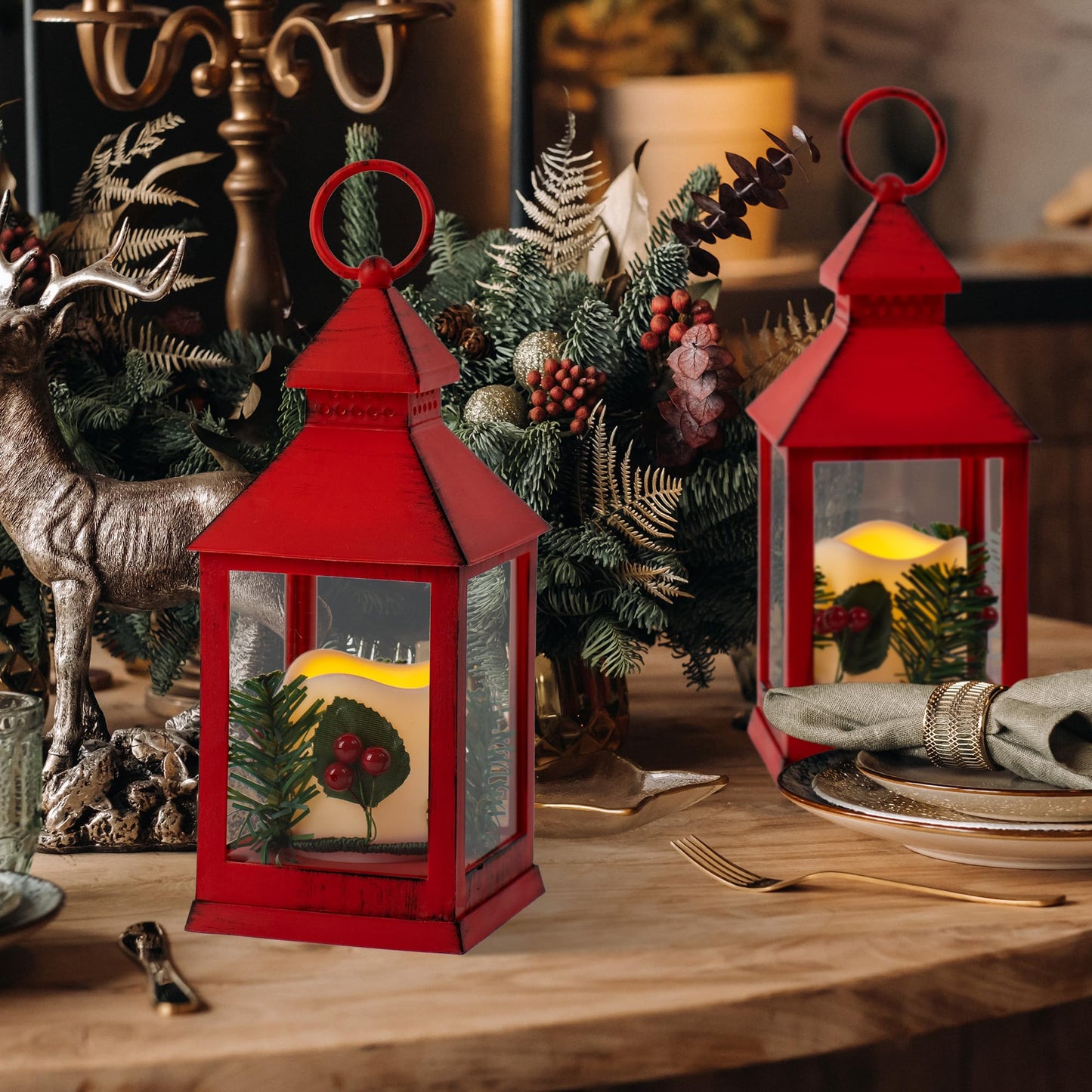 Yongmao Christmas Lantern Decorative with LED Candle, Pine Holly Berry Red Decorative Hanging Lanterns for Indoor Outdoor Garden Christmas Home Decor(2 Pack)