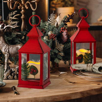 Yongmao Christmas Lantern Decorative with LED Candle, Pine Holly Berry Red Decorative Hanging Lanterns for Indoor Outdoor Garden Christmas Home Decor(2 Pack)