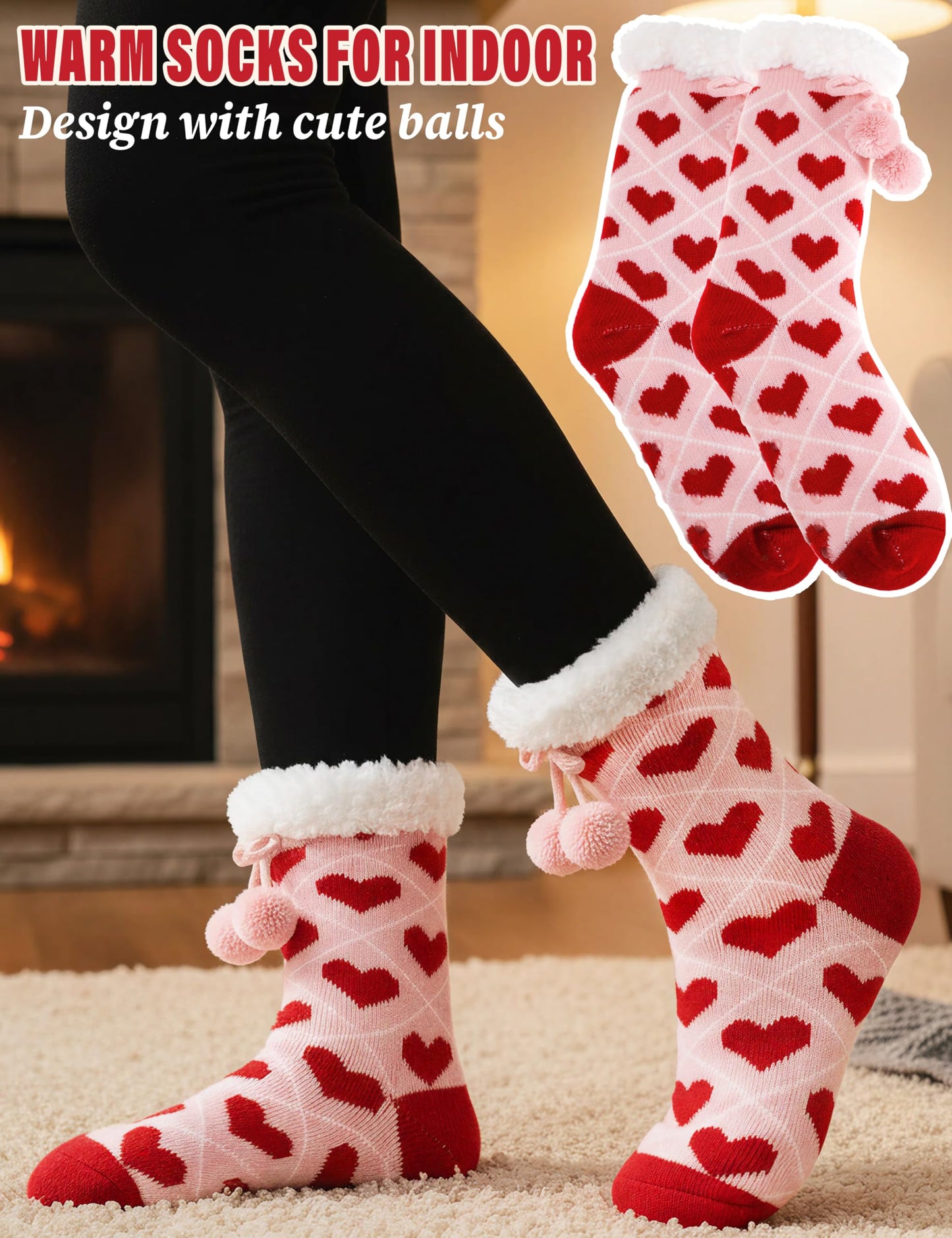 MOGGEI Fuzzy Slipper Socks for Women Galentines Day Gifts Fluffy Thermal Warm Winter Thick Cozy Non Slip Grips Plush Cabin Comfy Heart Socks Stocking Stuffers