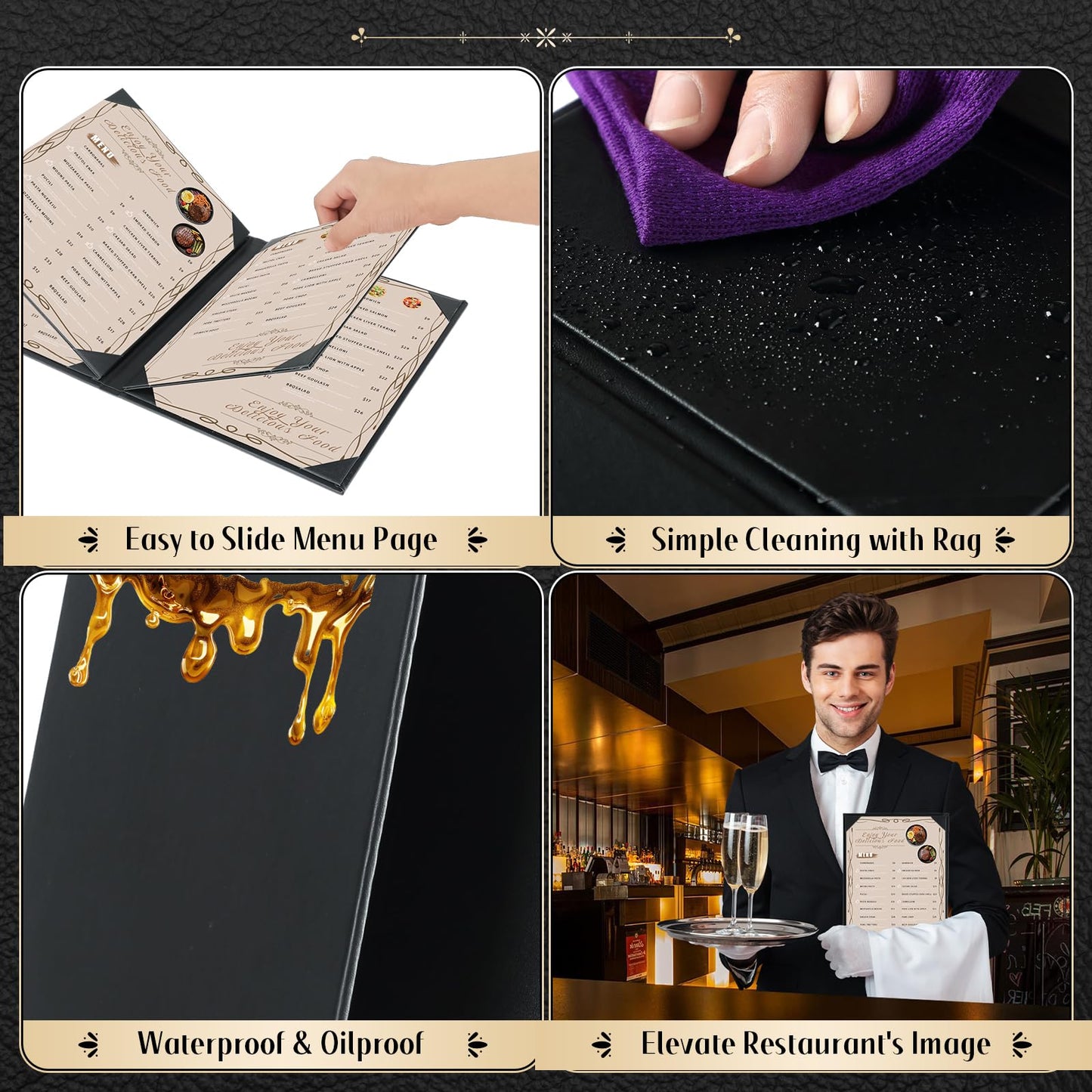 FLKQC Restaurant Menu Covers Holders 8.5 X 11, 5 Pack Synthetic Leather Menu Holder Covers Book Style with Angled Corners Black for Wine List, Certificate Organizer Diploma Holder (4 Page 6 View)