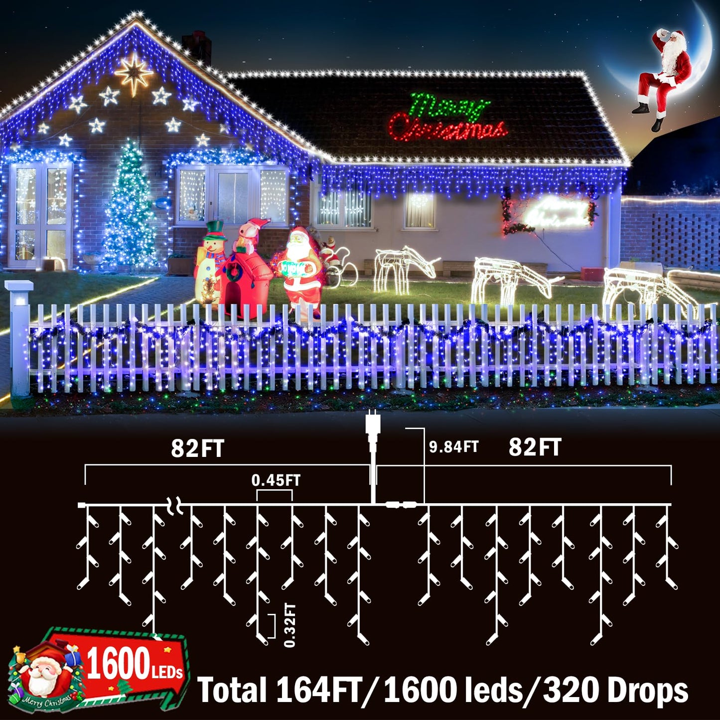 KNONEW 164FT 1600 LED Christmas Lights Outdoor Decoration Blue Timer 8Modes Hanging Fairy String Lights with 320 Drops, Plug in Waterproof Indoor Decor for Holiday Wedding Party Window Garden