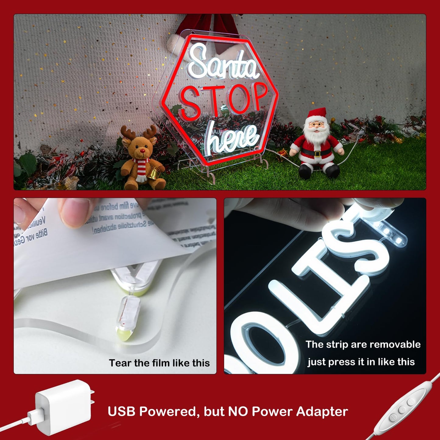 Santa Stop Here Neon Sign for Window Decor USB Powered Xmas Neon Wall Sign Festive Display Holiday Party Santa Stop Led Light for Back Drop Home Display