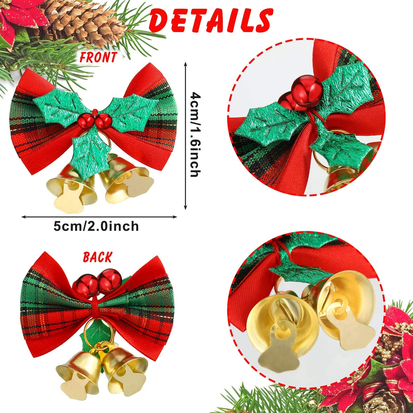 WILLBOND Christmas Mini Bows for Crafts 2" Tiny Christmas Bows for Present with Bells Small Bowknot Ornament DIY Craft for Tree Wreaths Hanging Decor Gift Decorations(40 Pieces)