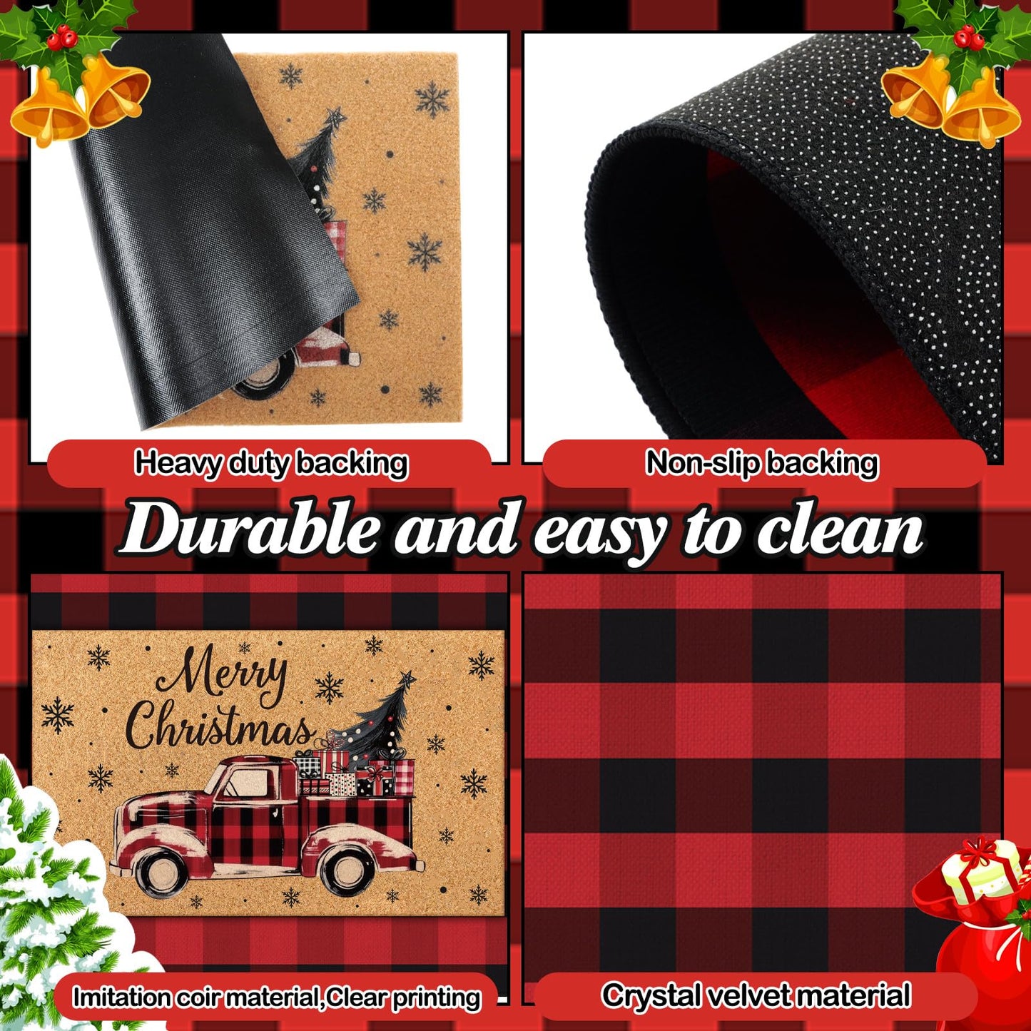 Fourluoo 2 Pcs Christmas Front Porch Rug Buffalo Plaid Christmas Door Mat Imitation Coco Coir Red Truck Xmas Welcome Layering Rug for Outdoor Winter Home Festival Holiday Decor, 28 x 43 Inch