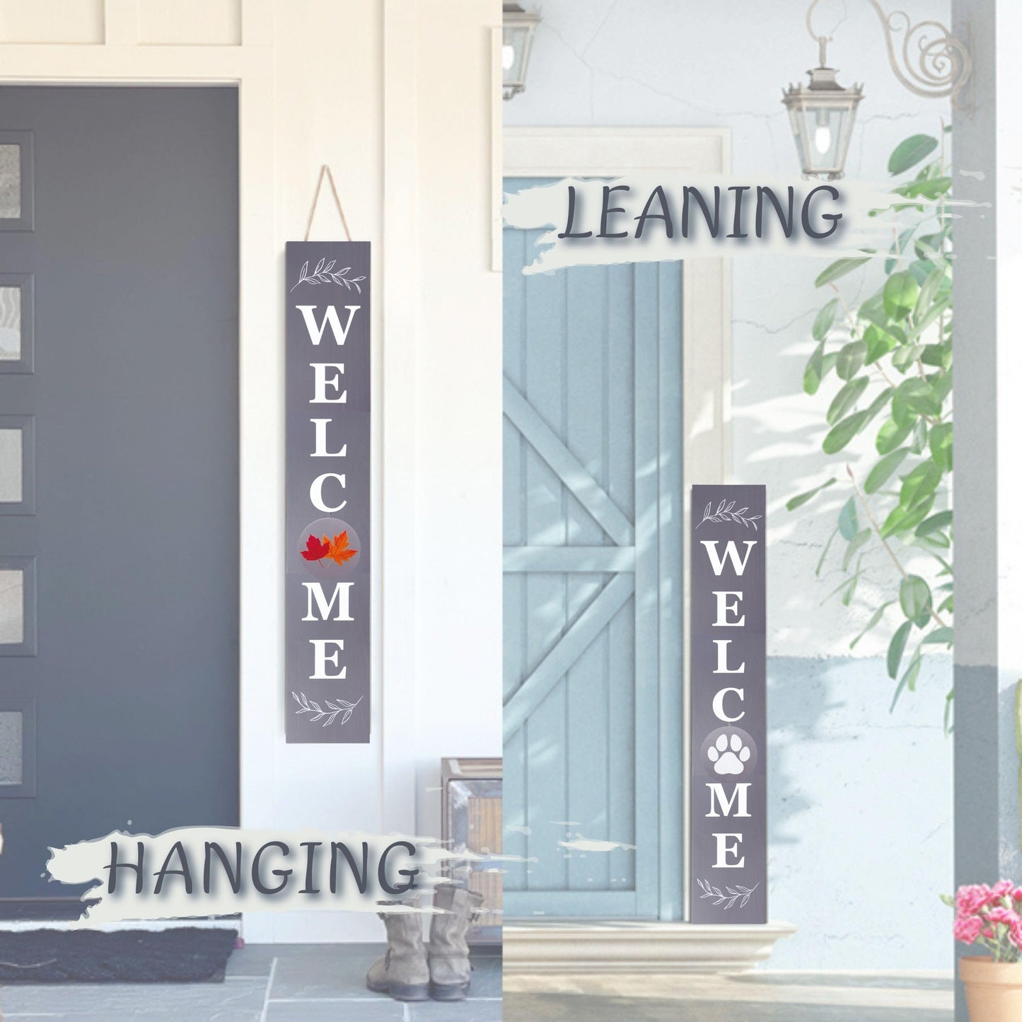 Perfnique Interchangeable Welcome sign for front porch standing, 47 x 7.9 Inch Black Wooden Leaner Sign with 10 Interchangeable Designed Icons, Morden Farmhouse Rustic Seasonal Decor for Spring Easter