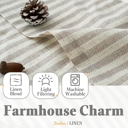 jinchan Striped Linen Kitchen Curtains with Attached Valance 24 Inch Length Cafe Tier Curtains for Living Room Rustic Half Window Light Filtering Rod Pocket Small Drapes 2 Panels Taupe Grey