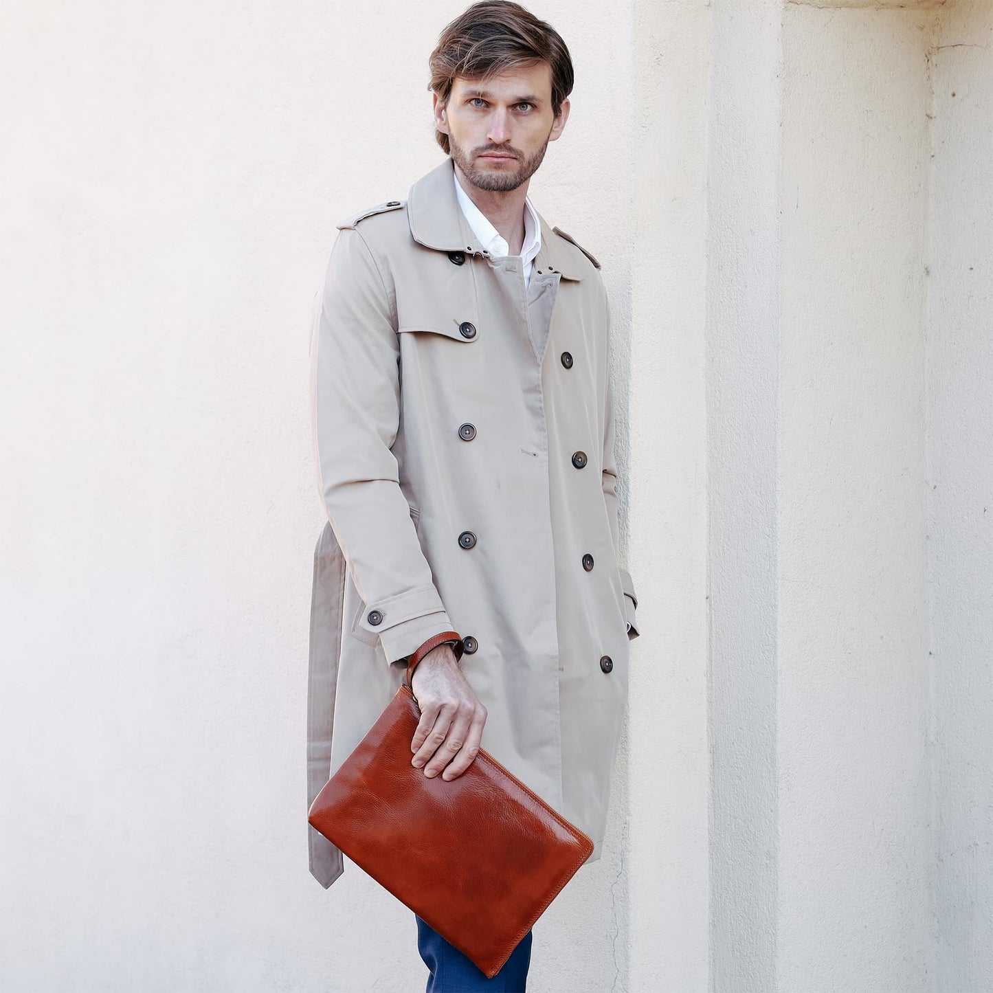 Time Resistance Leather Clutch for Men - Organizer Wrist Bag Briefcase - Handmade in Italy (Cognac Brown)