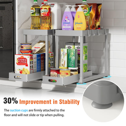 2PC Under Sink Organizer Rack 2 Tier Under Sliding Cabinet Basket Organizer Drawer with 4 Hooks, Multi-purpose Under Sink Storage for Bathroom Kitchen Desktop（Black）