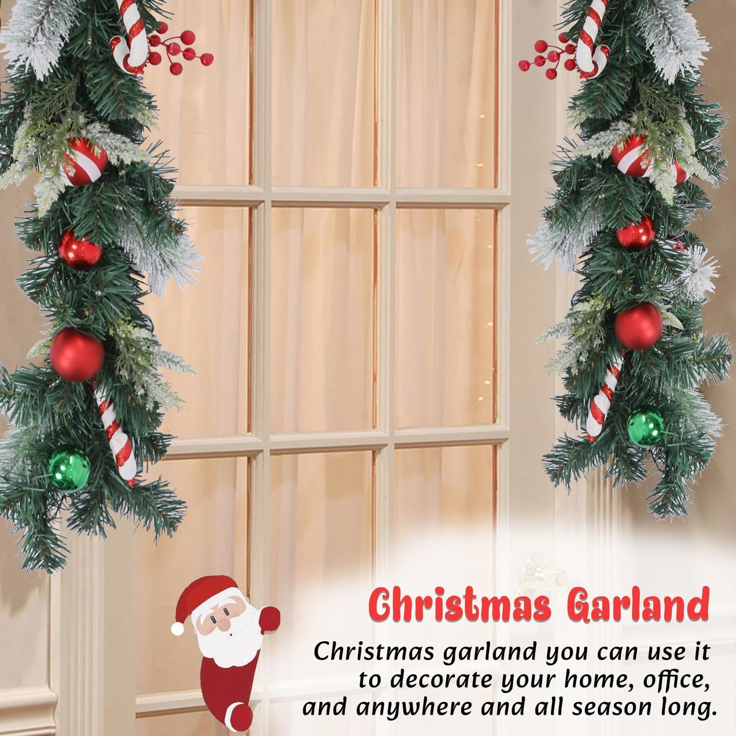 6 FT Christmas Garland with Lights, Prelit Wintry Pine Flocked Garlands with Candy Cane and Ball Ornaments, Battery Operated Artificial Christmas Garlands for Front Door Fireplace Mantle Decor