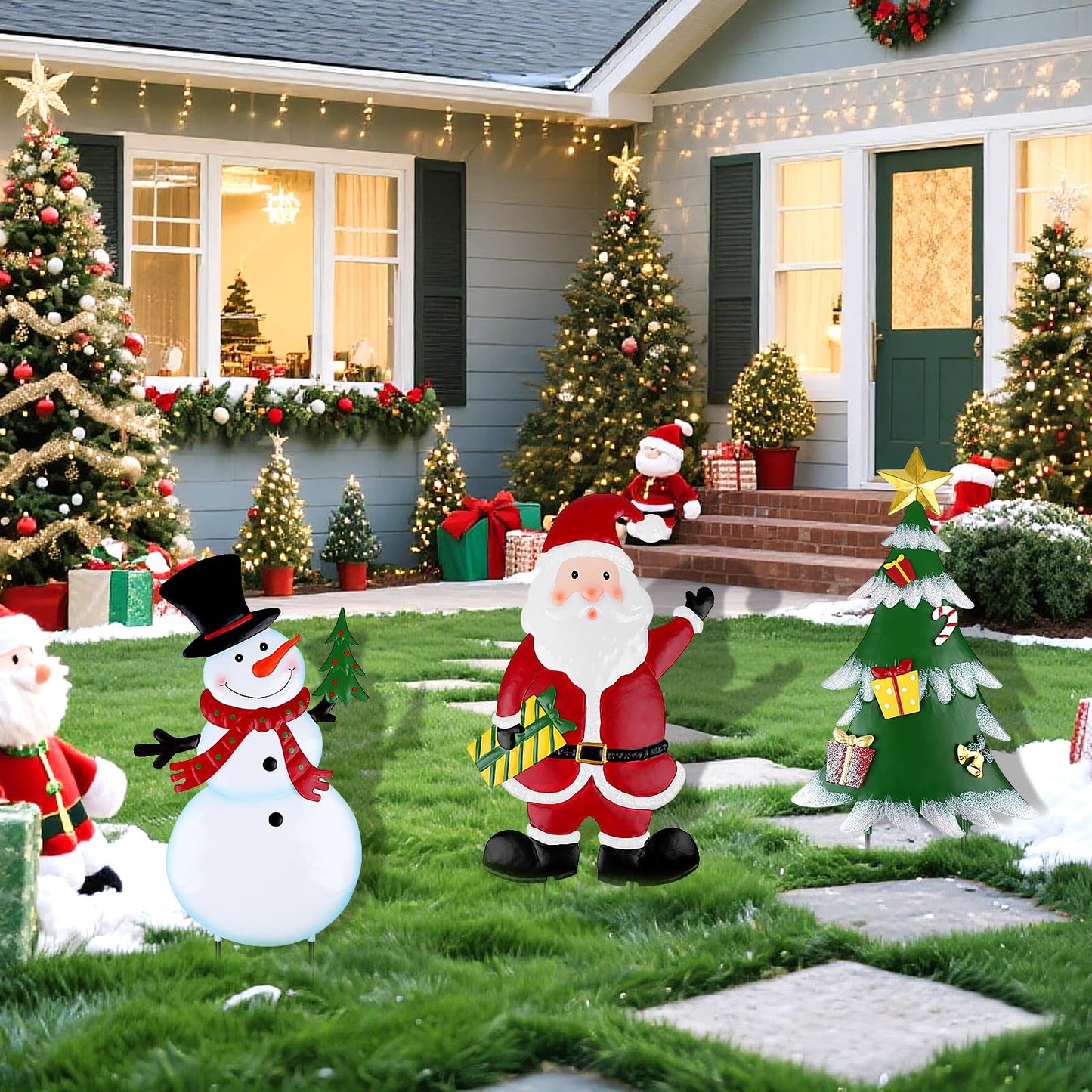 DETENE 3 Pcs Christmas Decorative Metal Stakes Outdoor Christmas Decor Metal Xmas Snowman Santa Claus Tree Yard Decorations for Garden Lawn Yard Signs
