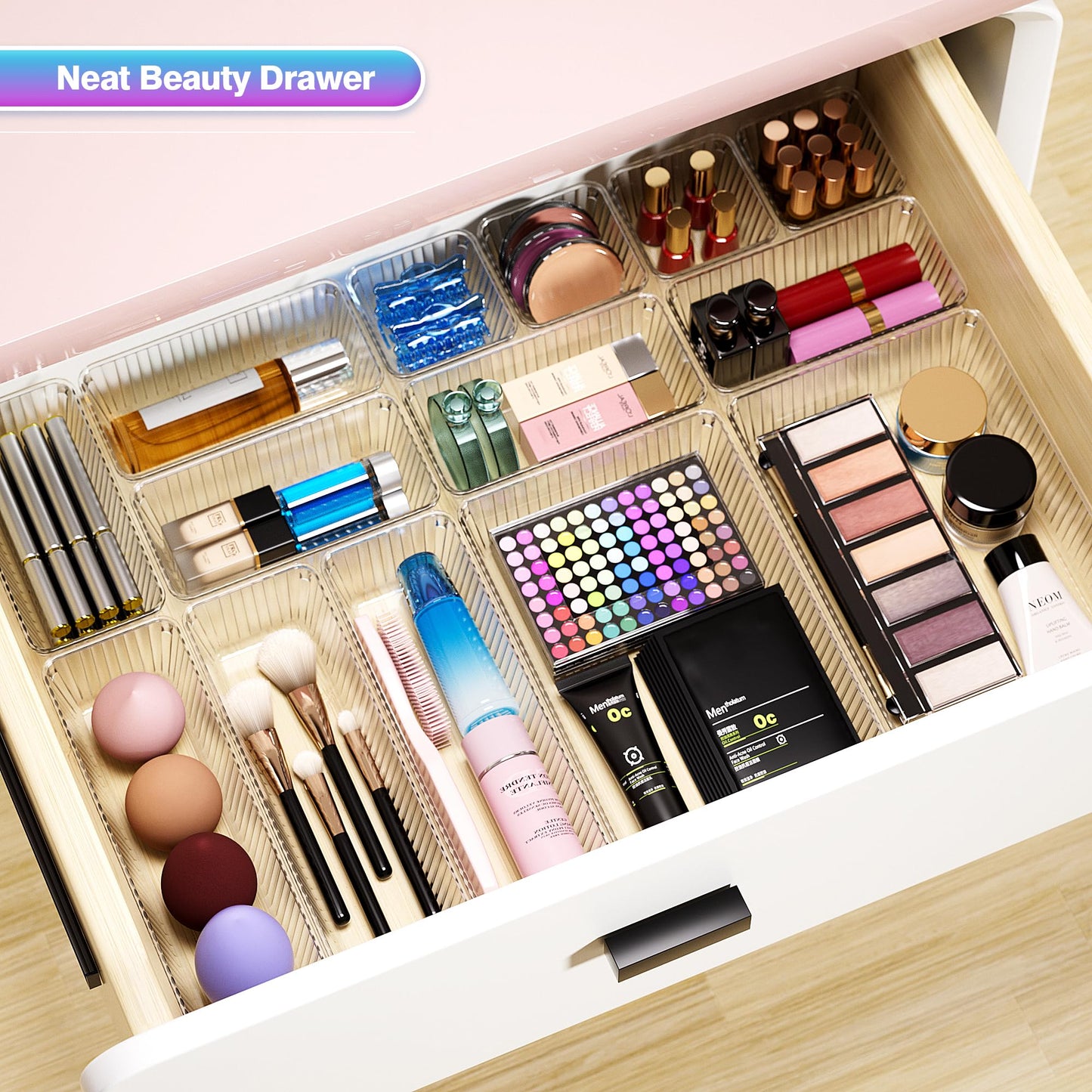 Okylvve 25 PCS Clear Plastic Drawer Organizer Set - 4 Sizes Makeup Organizer Desk Drawer Divider Bathroom Organizers and Storage Bins for Makeup, Jewelry, Gadgets, Office, Kitchen, Bedroom, Bathroom