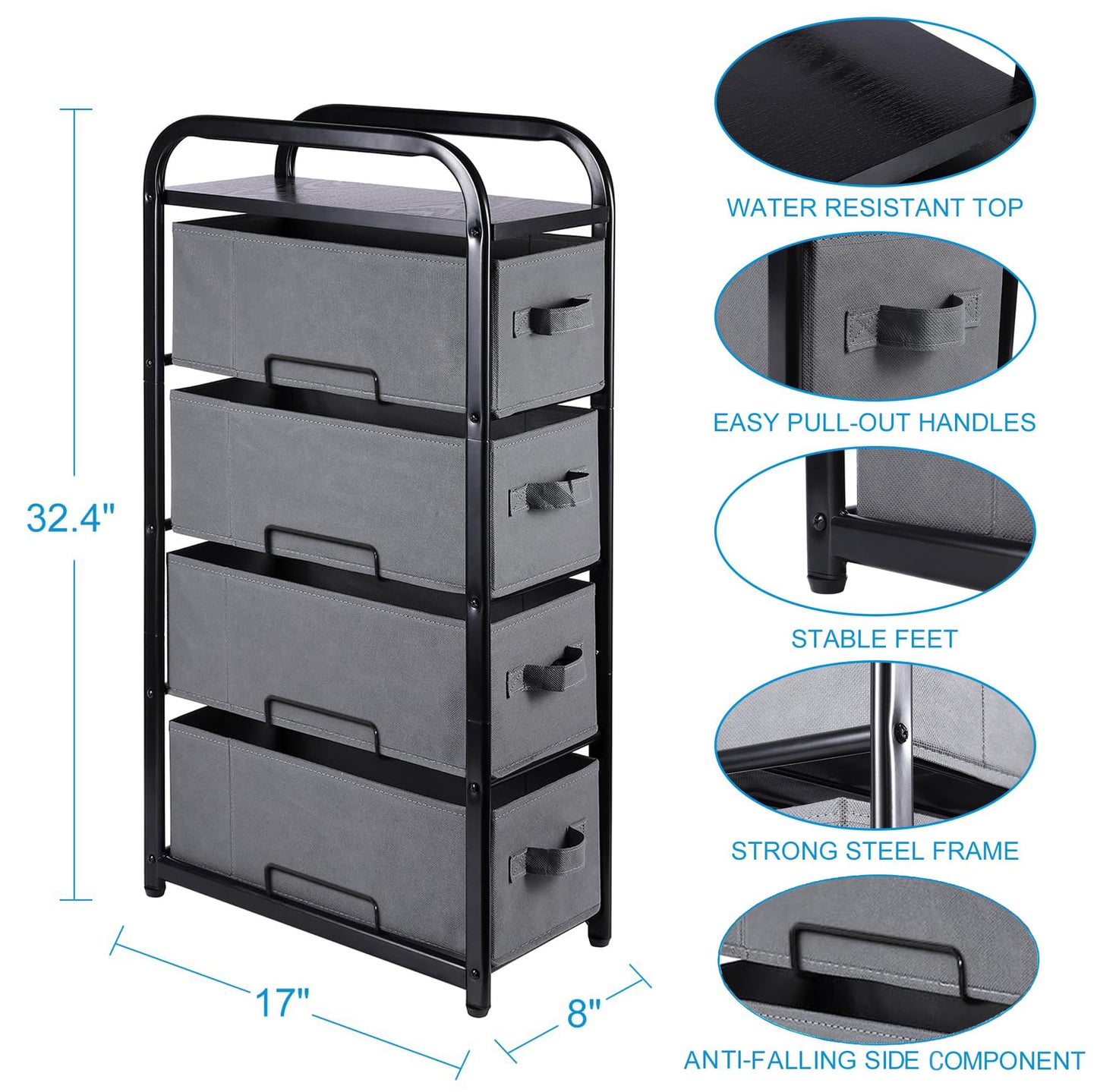 MAX Houser 4 Drawer Narrow Dresser Fabric Storage Tower Vertical Slim Storage Chest Organizer Nightstand Side/End Table Small Standing Organizer Removable Drawers Wood Top for Bedroom, Bathroom（Grey