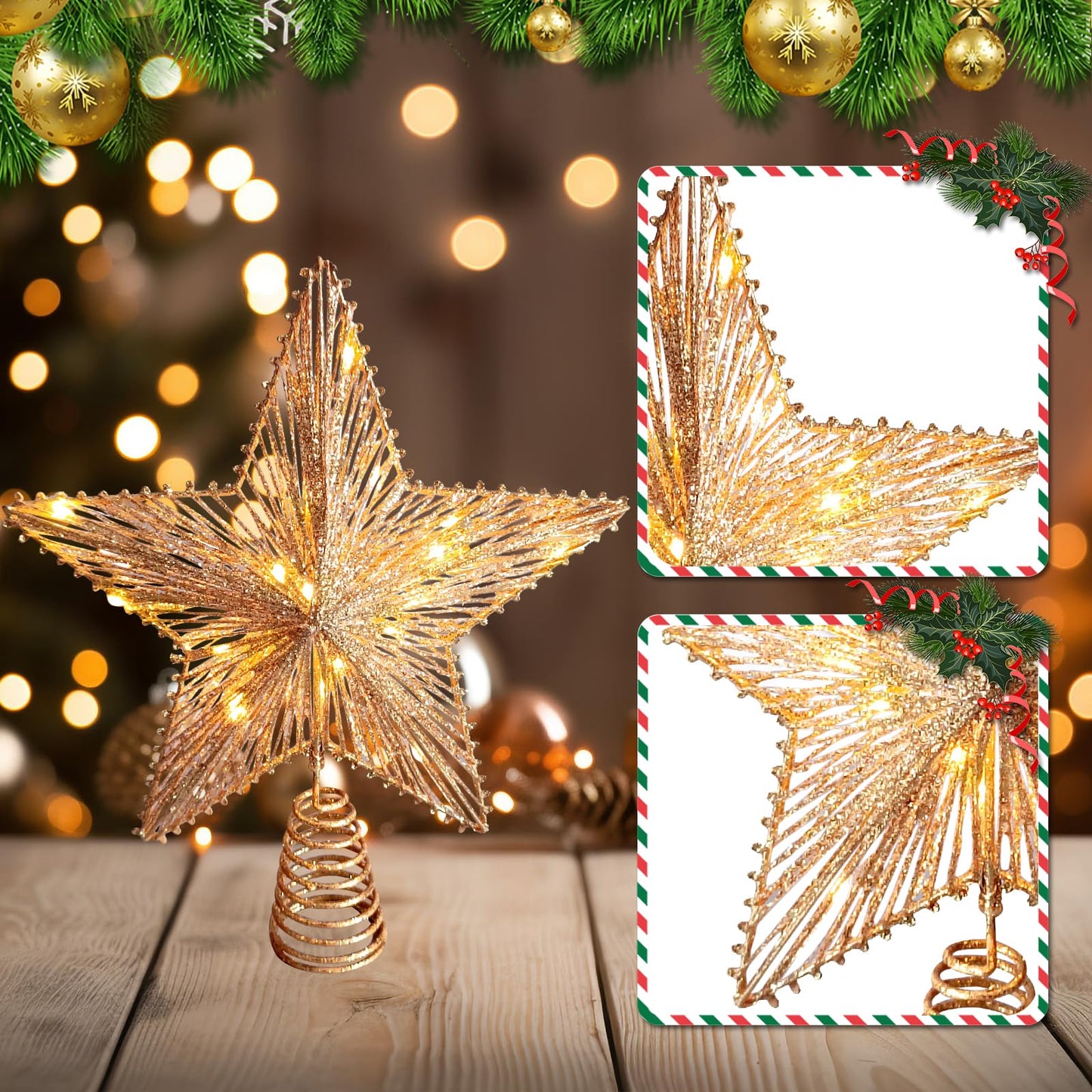 Christmas Tree Topper 10" Golden Glittered Star Tree Topper with 30 LED Lights Xmas Tree Topper Star for Xmas Decorations Ornaments Holiday Party Indoor Decor