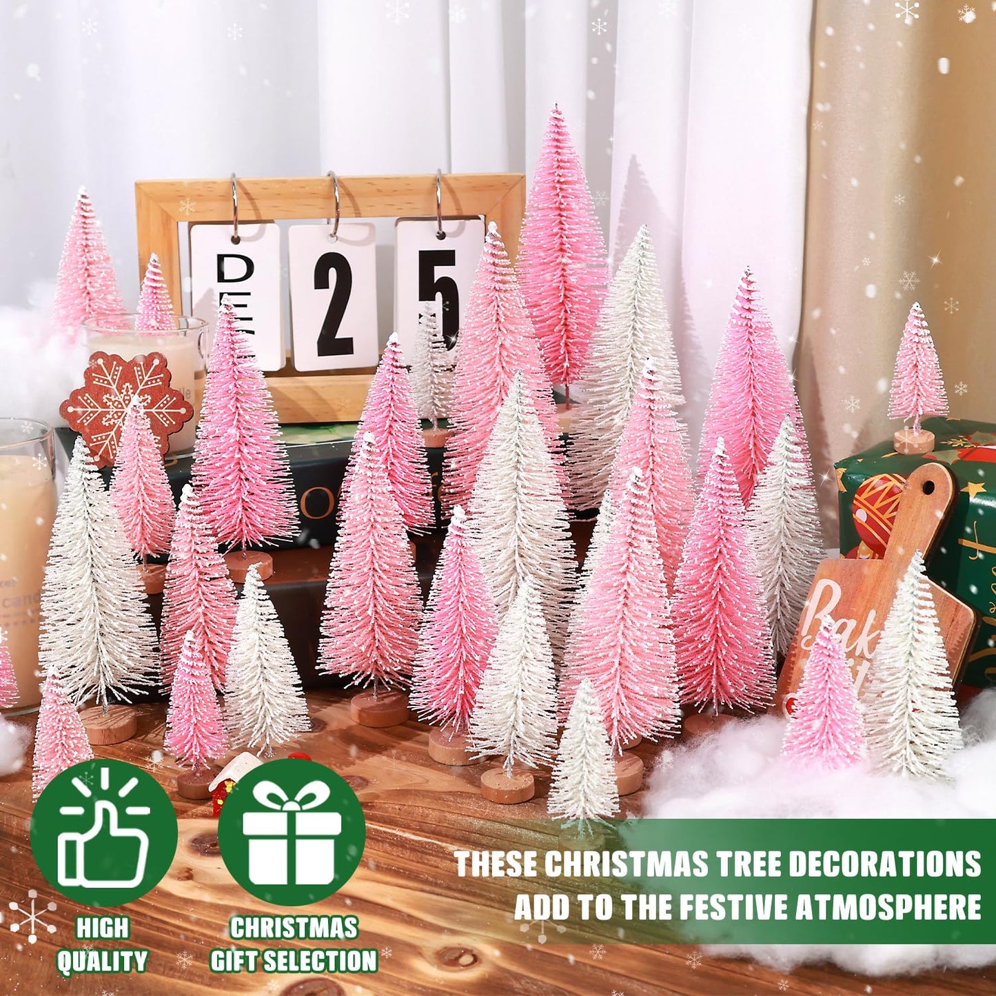 30Pcs Mini Christmas Trees Artificial Christmas Tree Bottle Brush Trees with Wooden Base for Christmas Decor Christmas Party Home Table Craft Decorations(Pink+White)