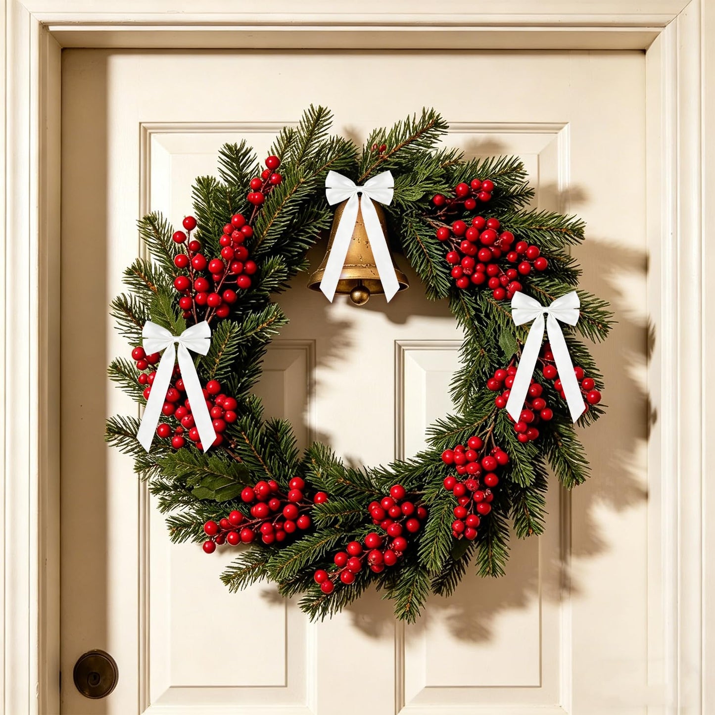 50Pcs White Satin Bows for Christmas Tree, 4 x 8 inch Xmas Ornaments with Pre-Made Twist Ties & Self-Adhesive, for Tree Cabinet Front Door Wreath Holiday Home Decor