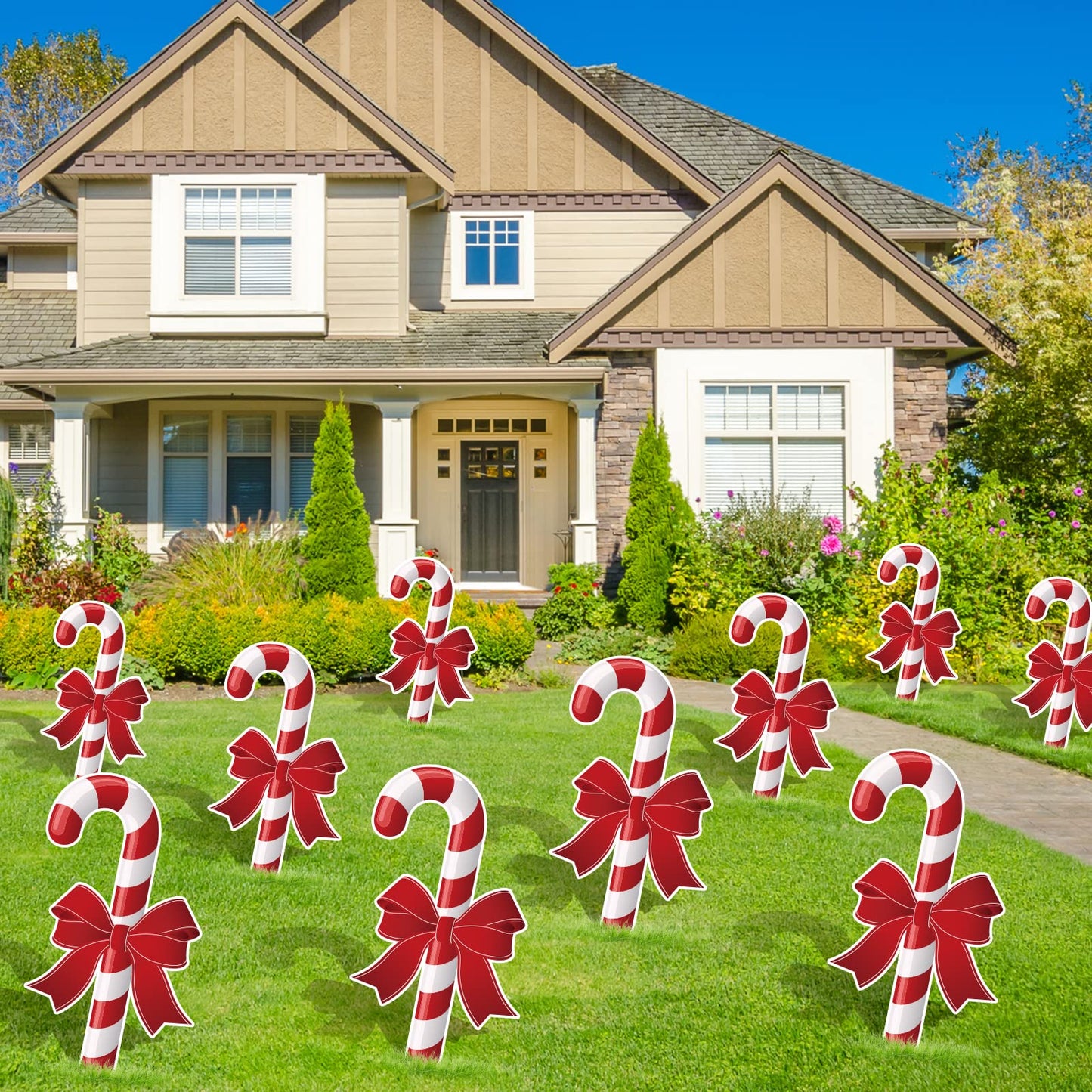 Whaline 10Pcs Christmas Yard Sign with 20Pcs Stakes Large Candy Cane Lawn Waterproof White Red Stripe with Bow Outdoor Sign for Xmas Pathway Walkway Patio Garden Decoration