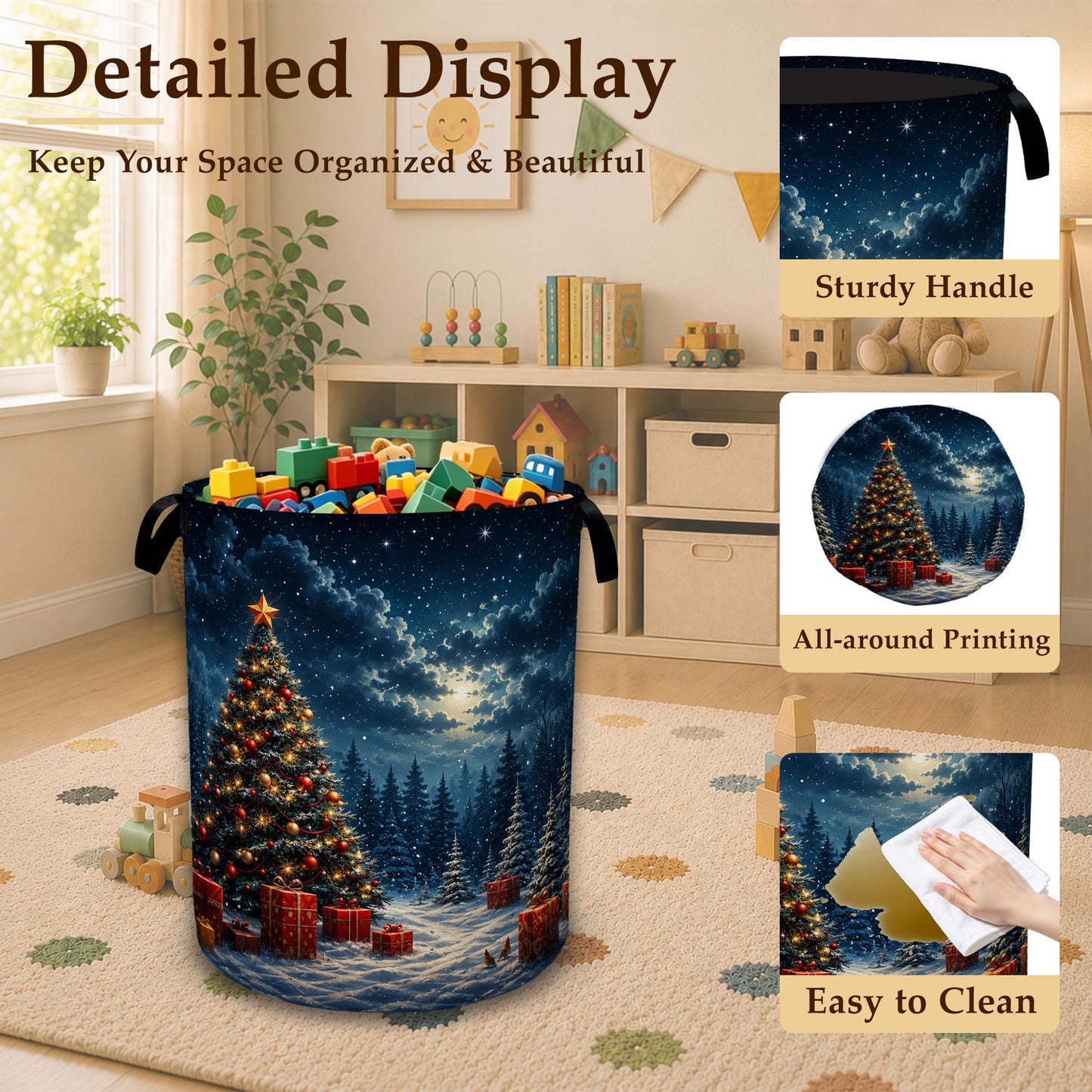Christmas Tree Collapsible Laundry Hamper for Bedroom，Winter Night Freestanding Oxford Clothes Basket, Large Foldable Storage Bin with Easy-Carry Handles for Bathroom Dorm Laundry Room